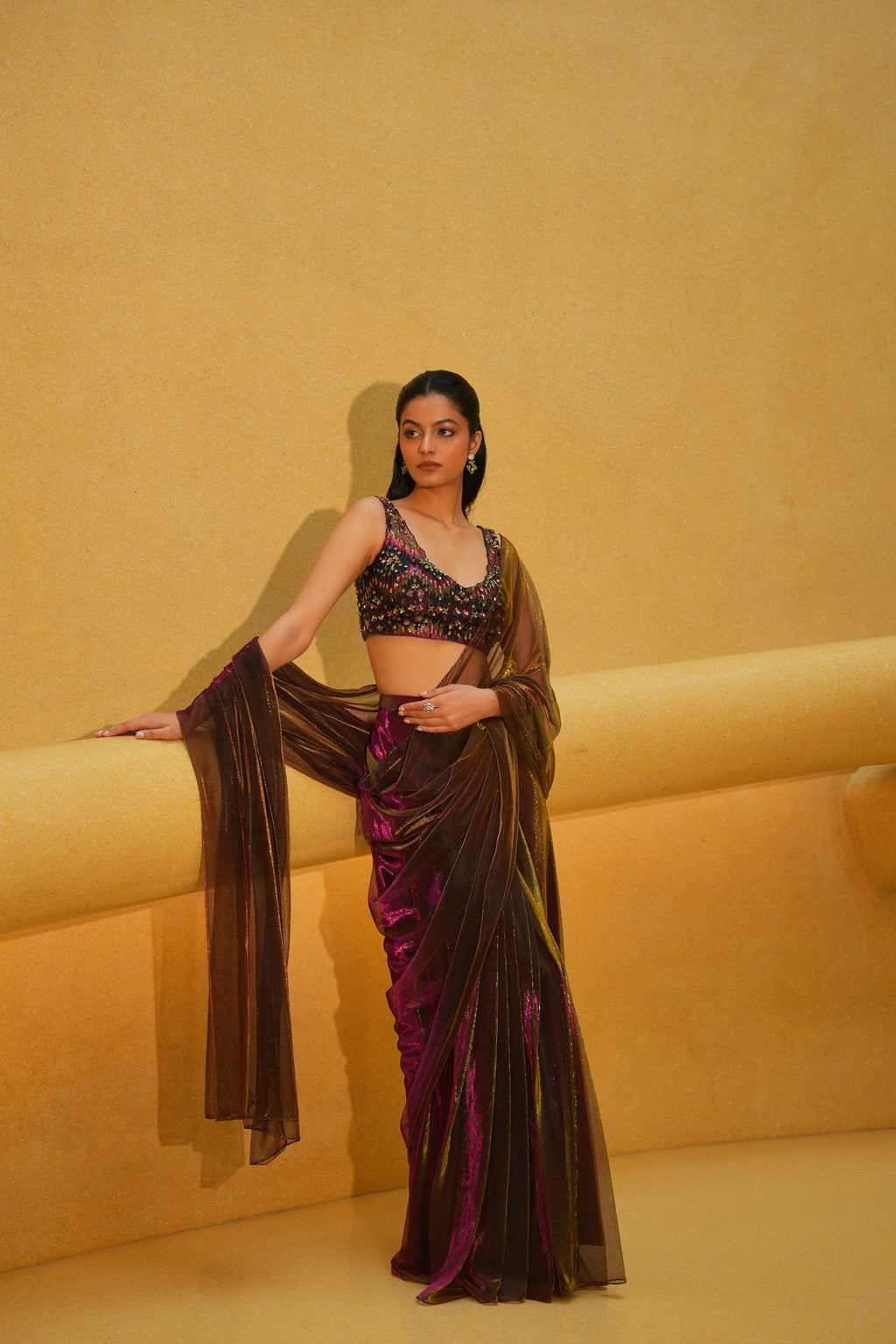 Purple Green Pre Drape Saree