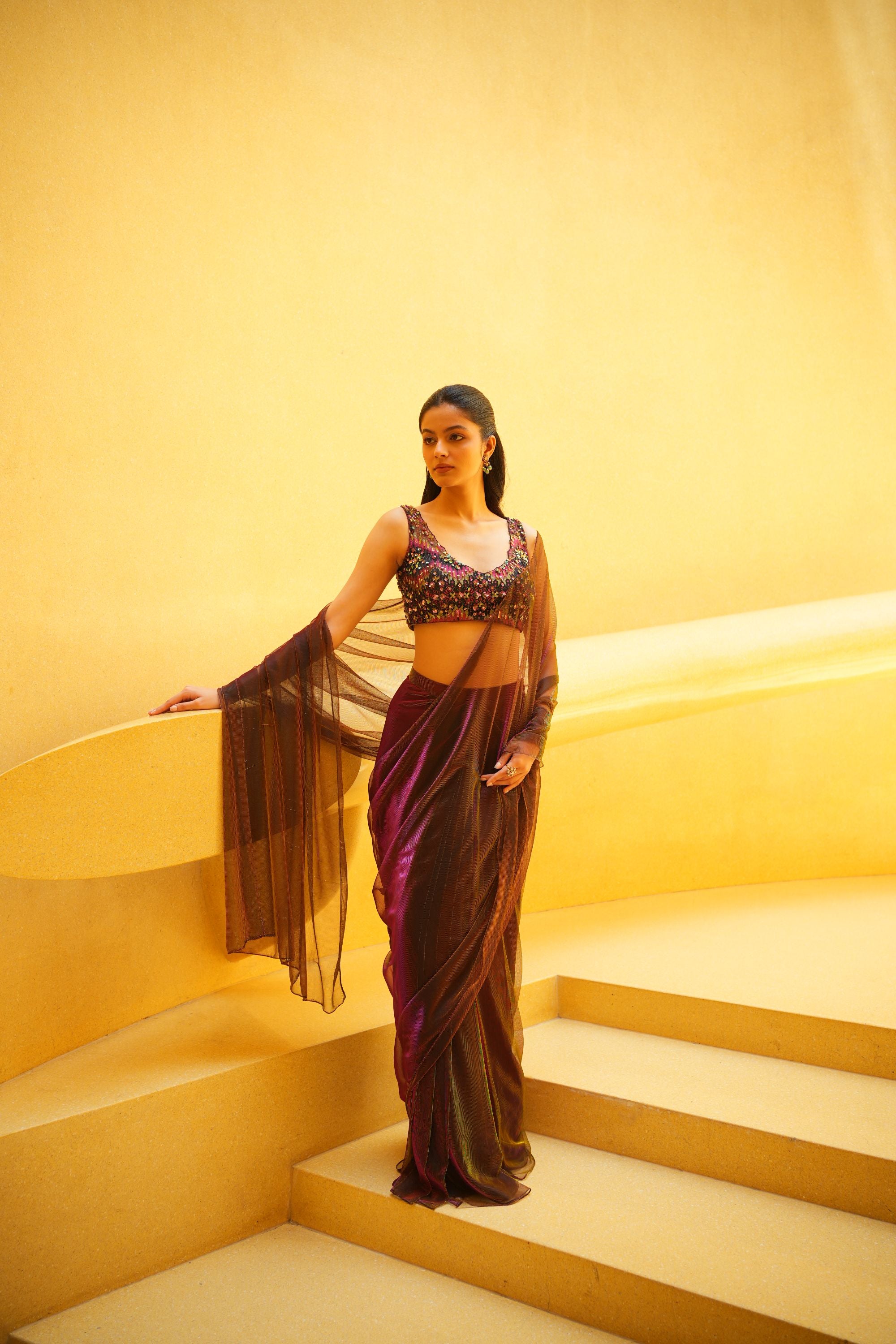 Purple Green Pre Drape Saree