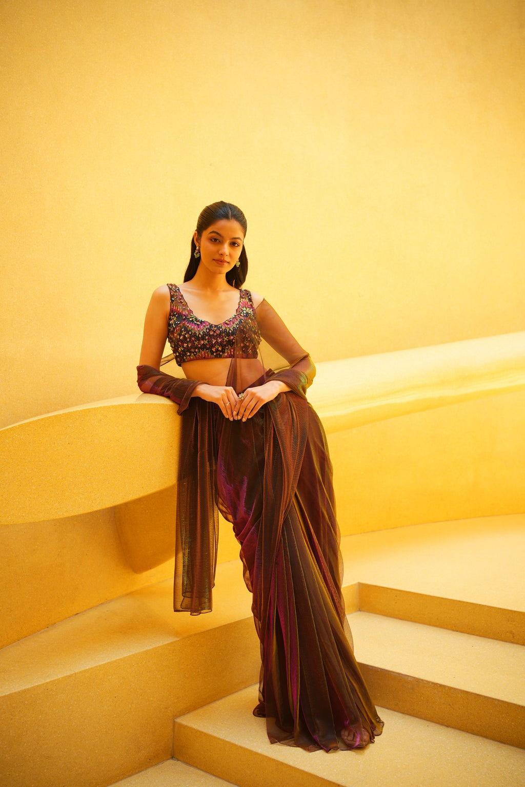 Purple Green Pre Drape Saree