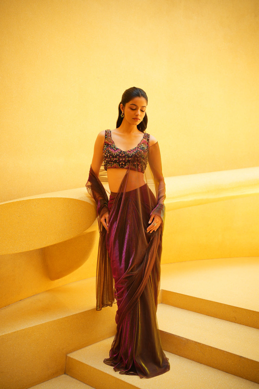 Purple Green Pre Drape Saree