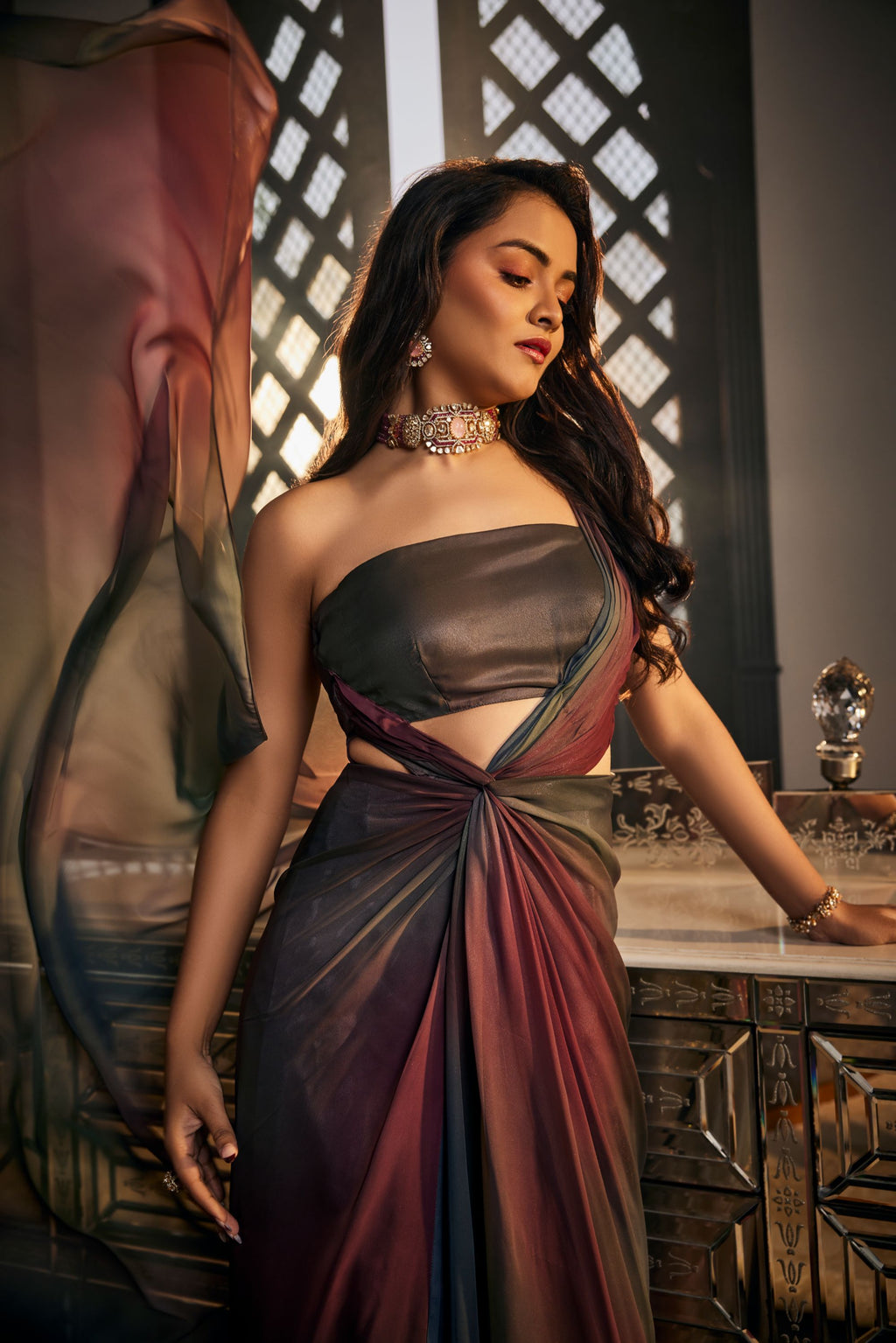 Multi Color Fluid Shimmer Georgette Gown