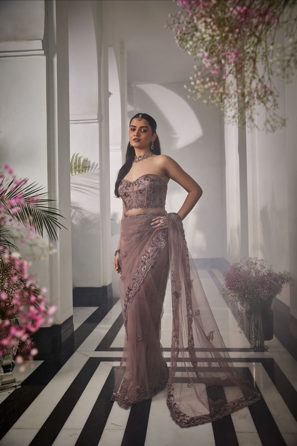 rose gold pre stitched saree