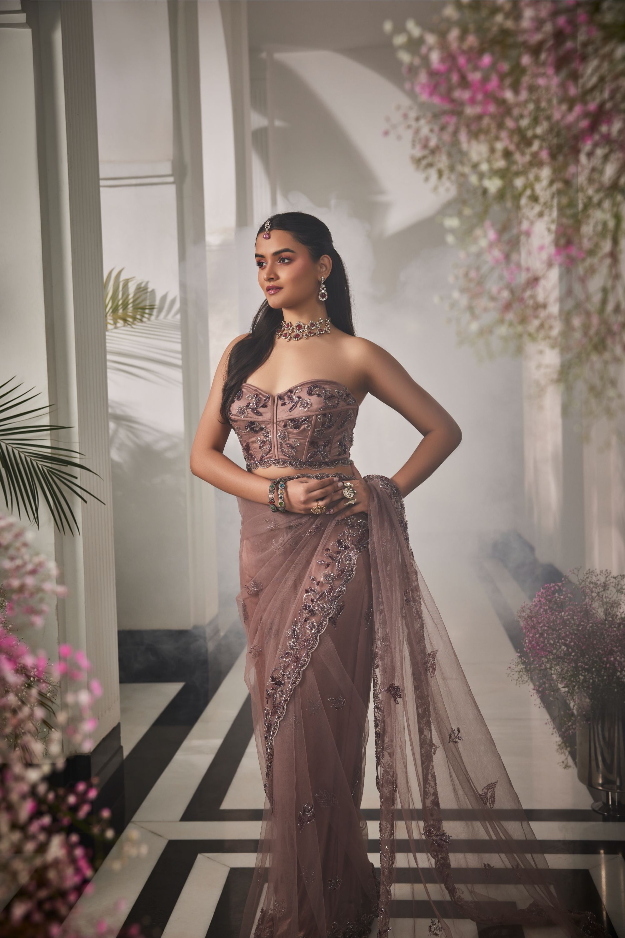 rose gold pre stitched saree