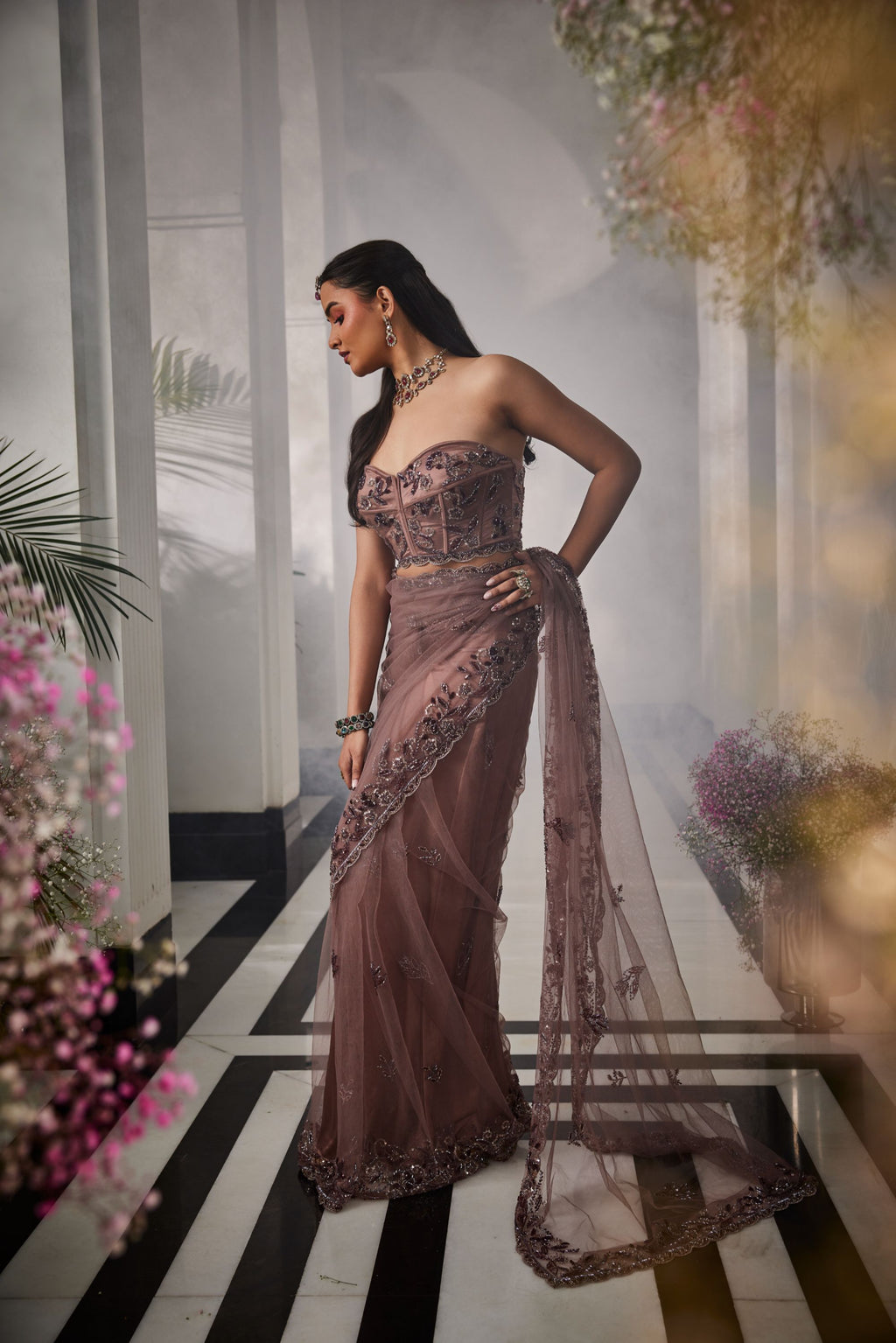 rose gold pre stitched saree