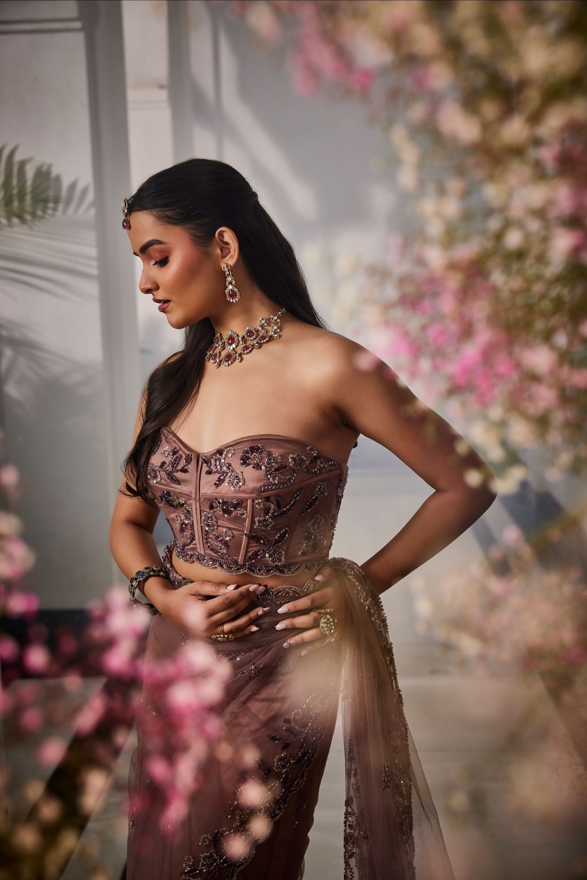 rose gold pre stitched saree