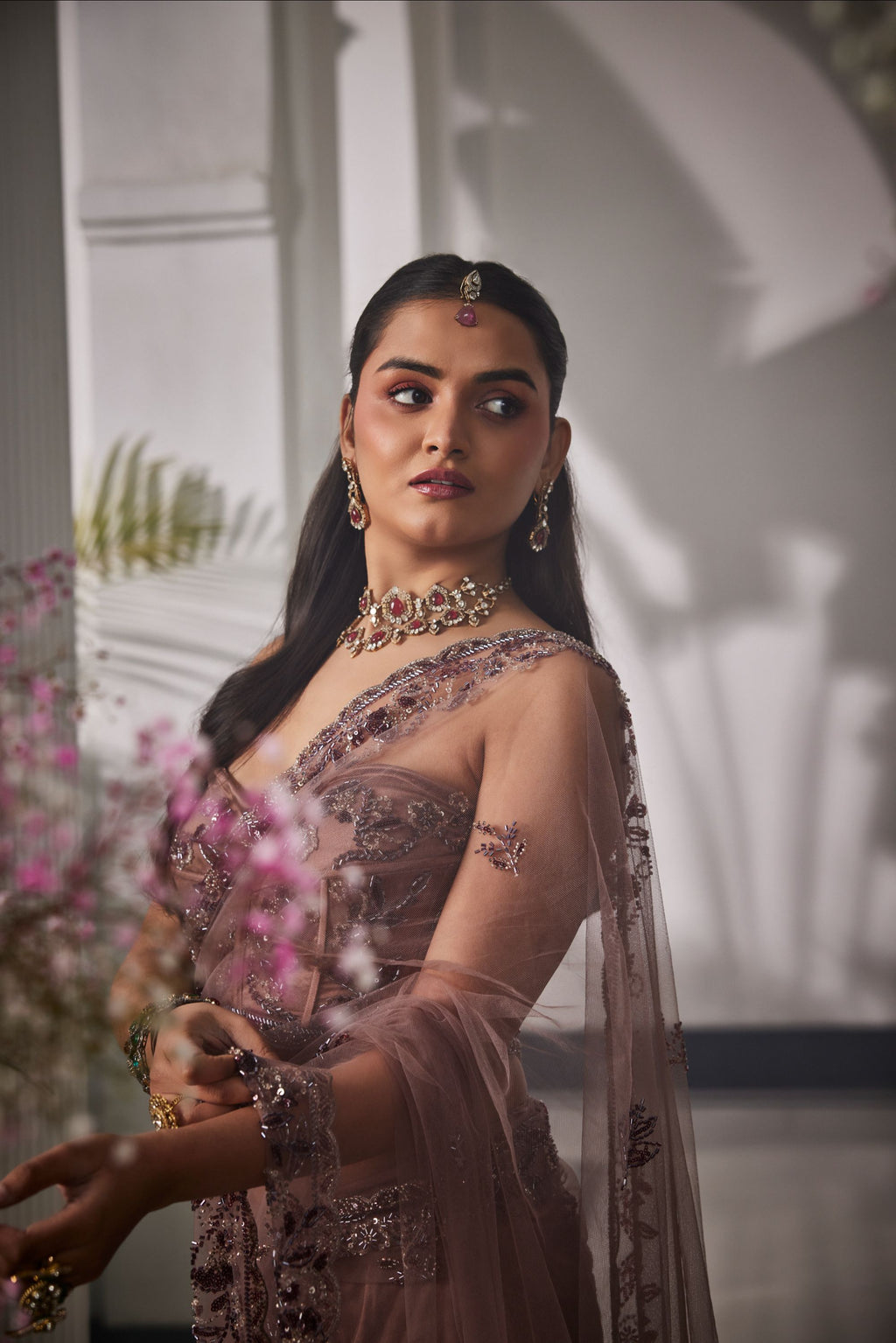 rose gold pre stitched saree