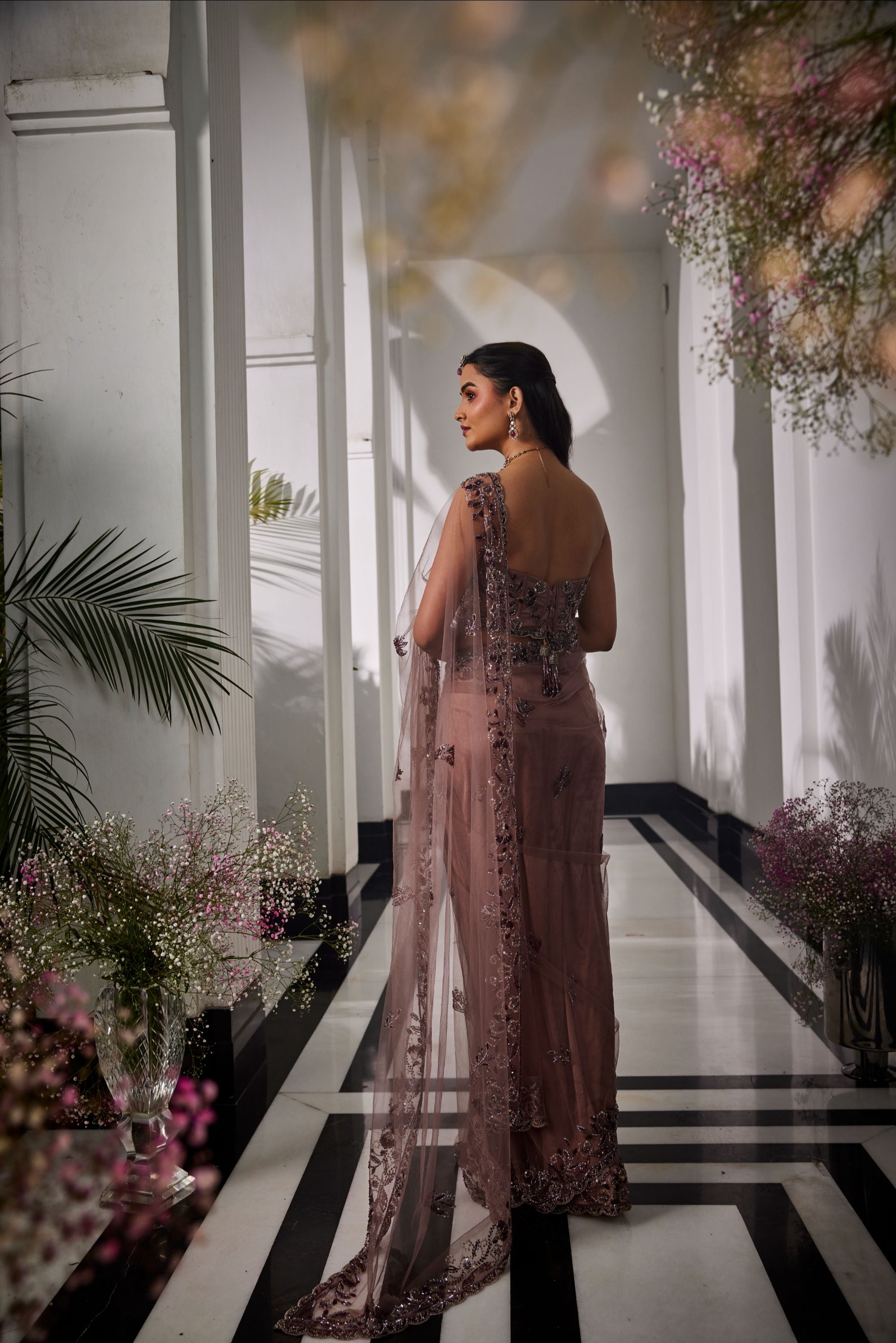 rose gold pre stitched saree