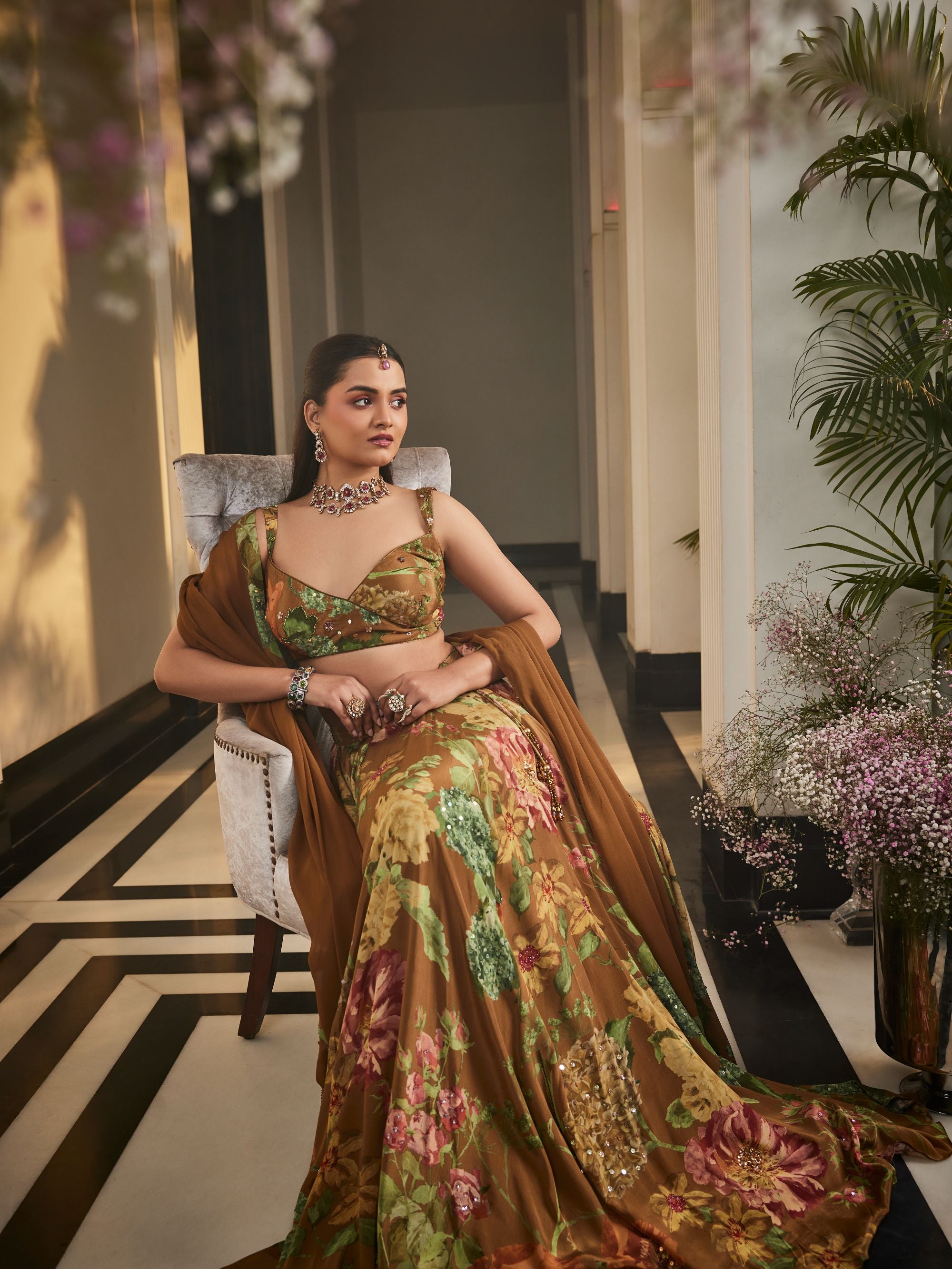 Handwork Brown Musturd Lehenga Set