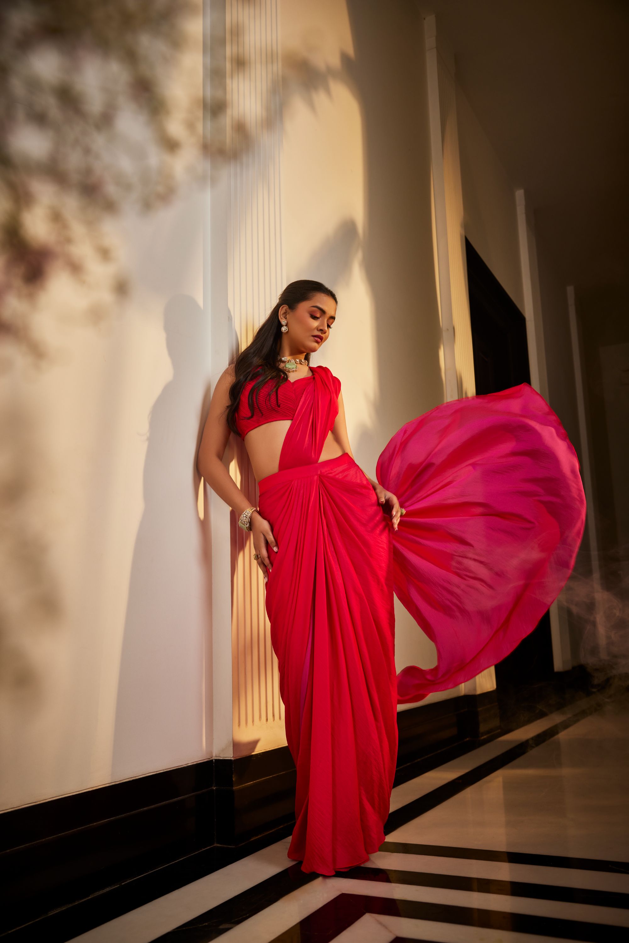 magenta pre stitched drape saree