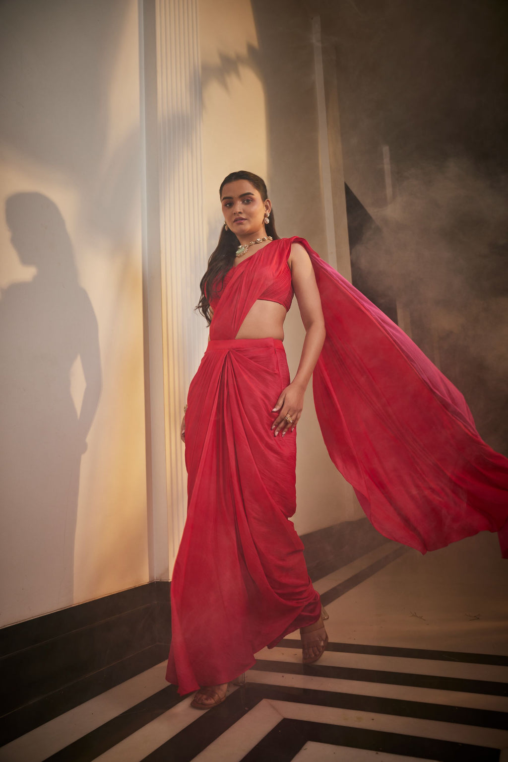 magenta pre stitched drape saree