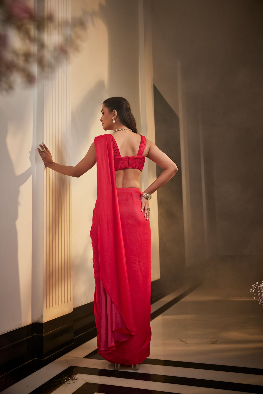 magenta pre stitched drape saree