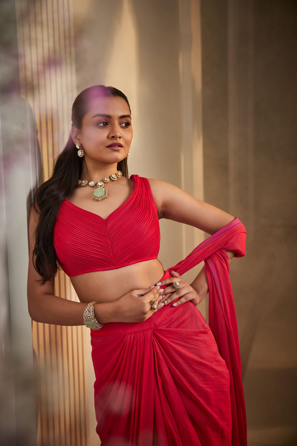 magenta pre stitched drape saree