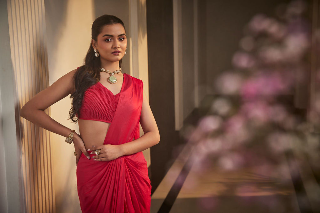 magenta pre stitched drape saree