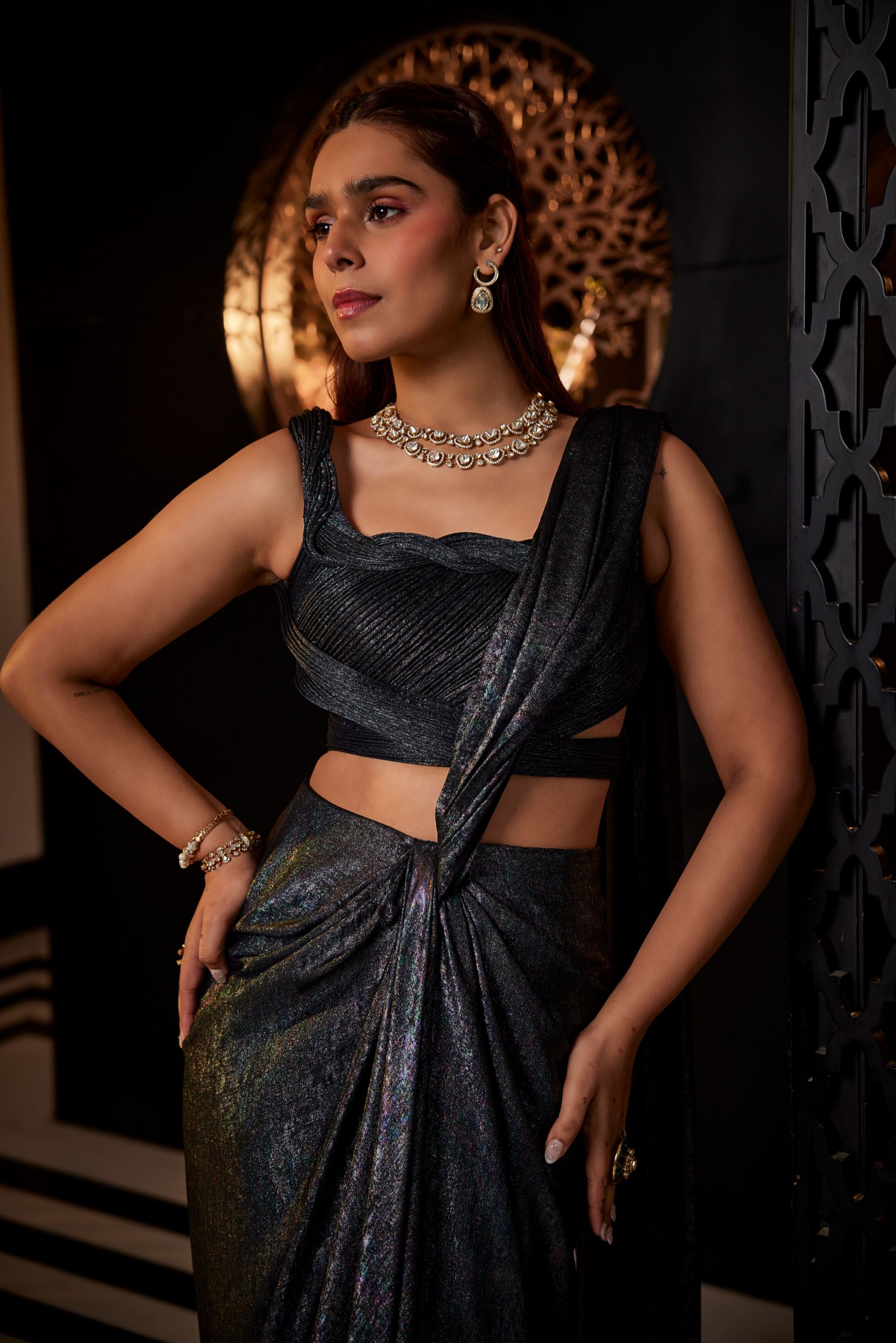 Midnight blue stitched drape Saree Set