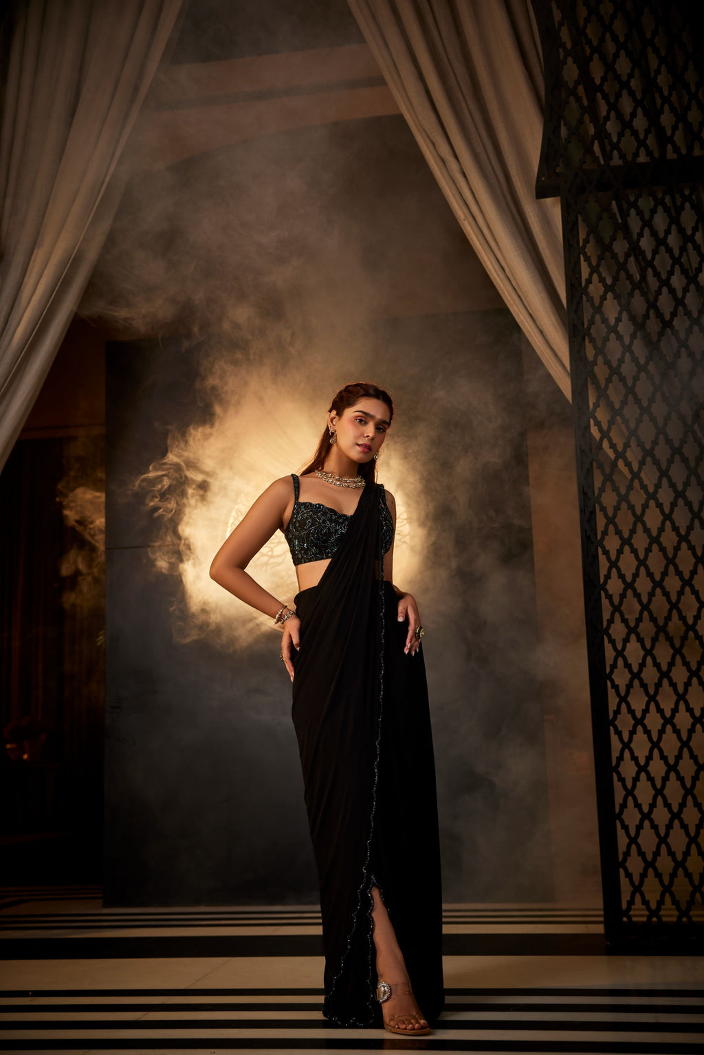 Timeless black scalloped georgette saree set