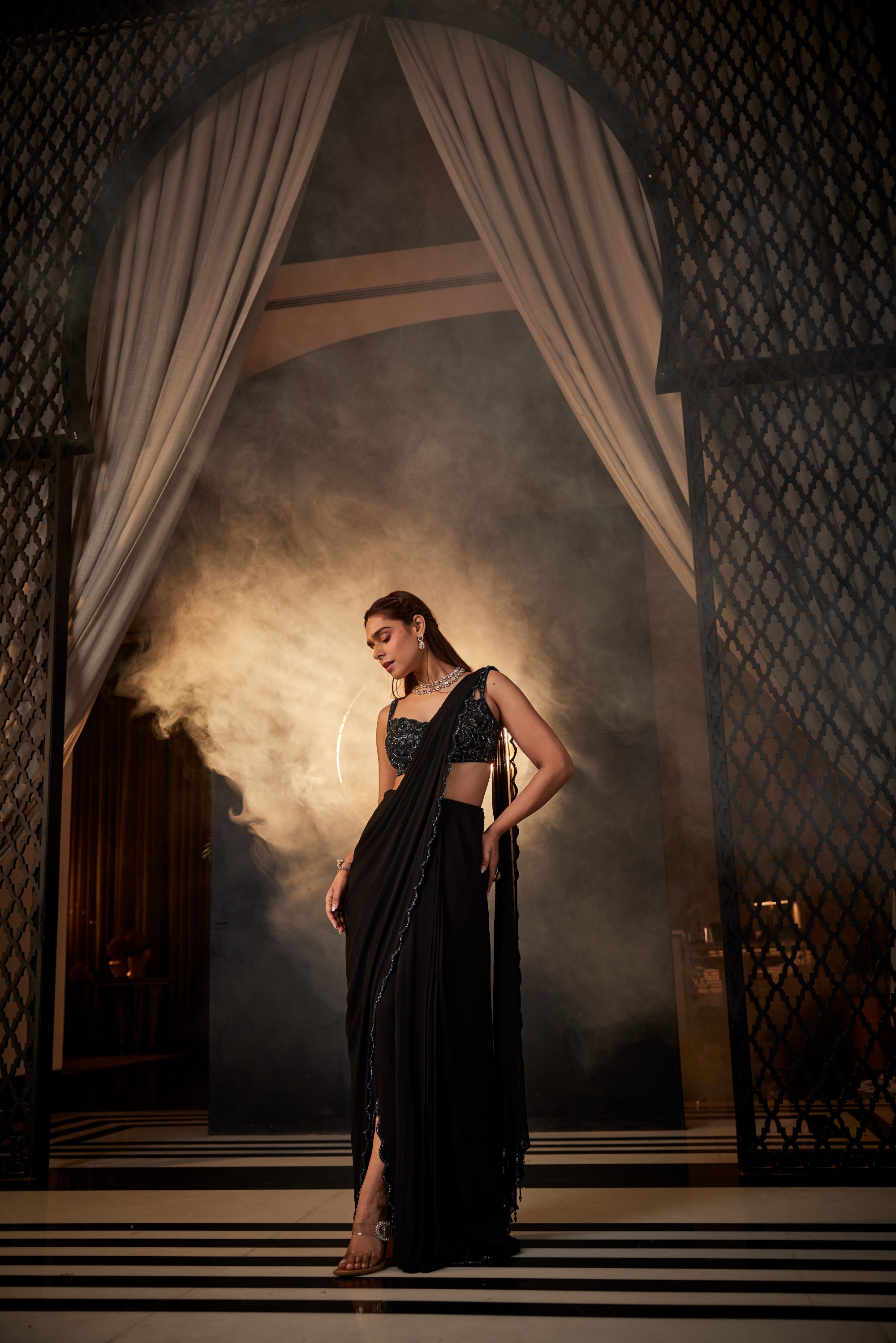 Timeless black scalloped georgette saree set