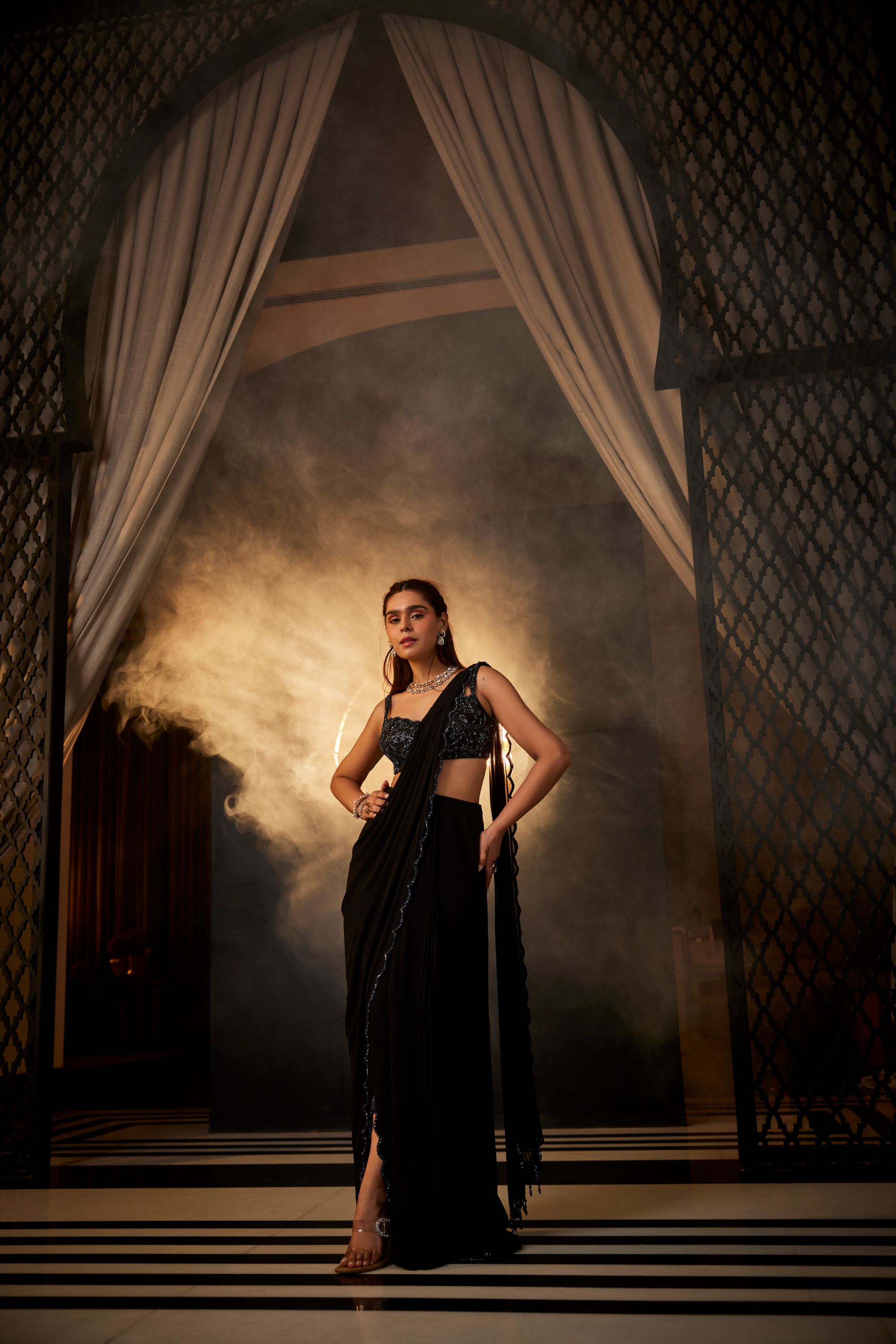 Timeless black scalloped georgette saree set