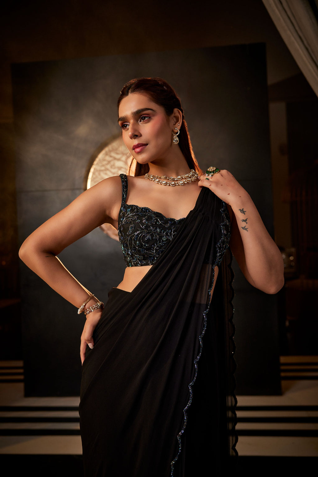 Timeless black scalloped georgette saree set
