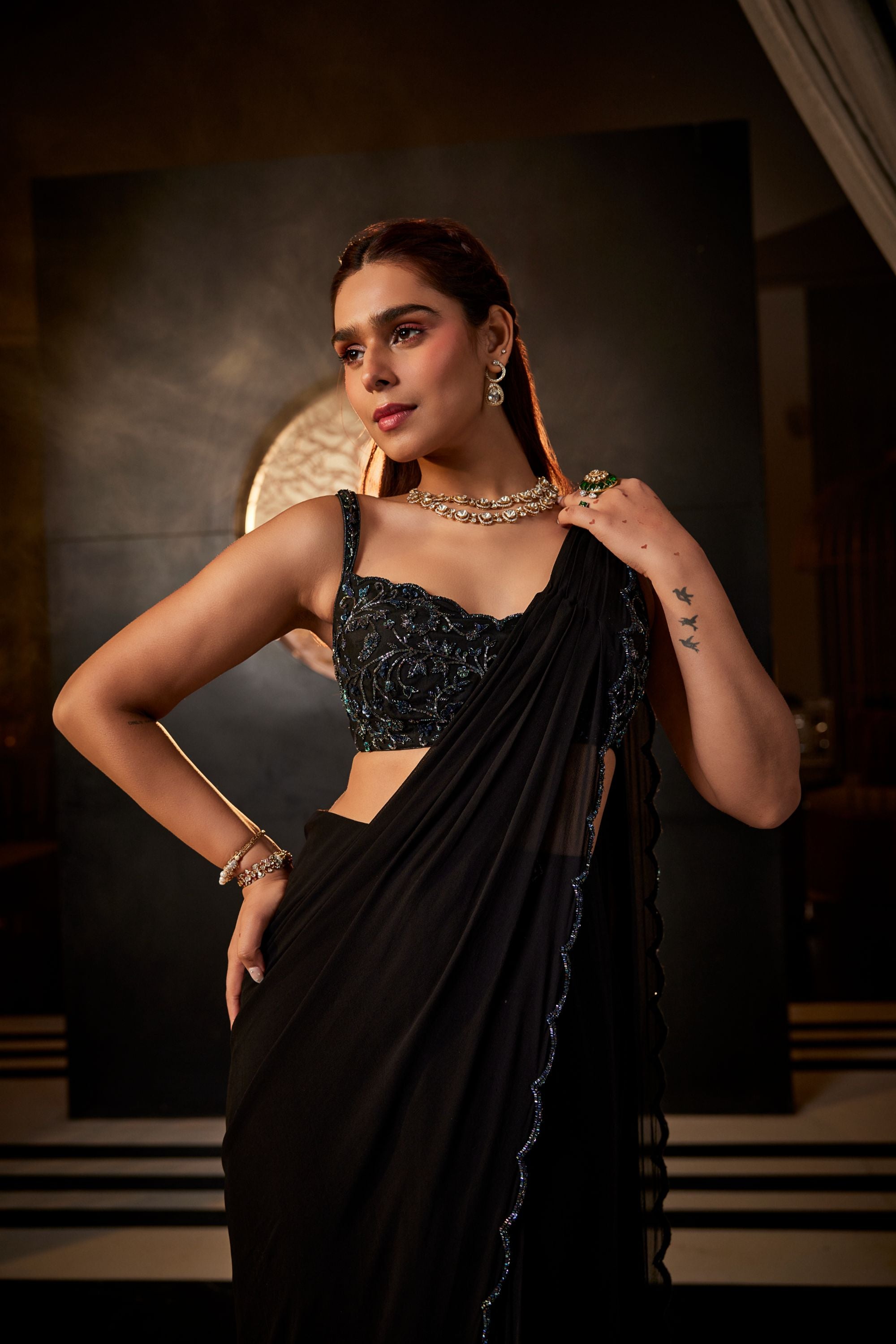 Timeless black scalloped georgette saree set