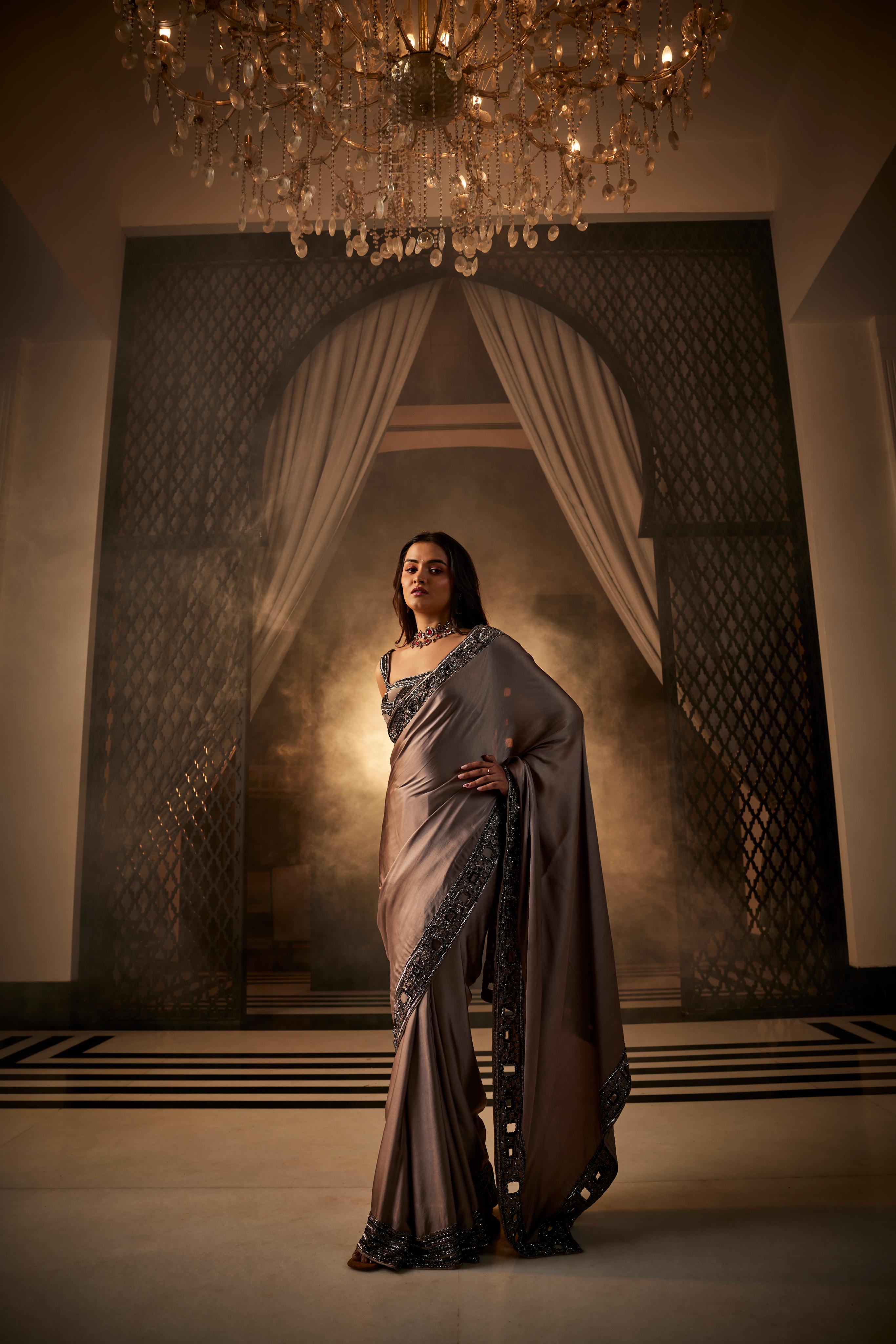 Grey & Pink Heavy Embroidered Saree