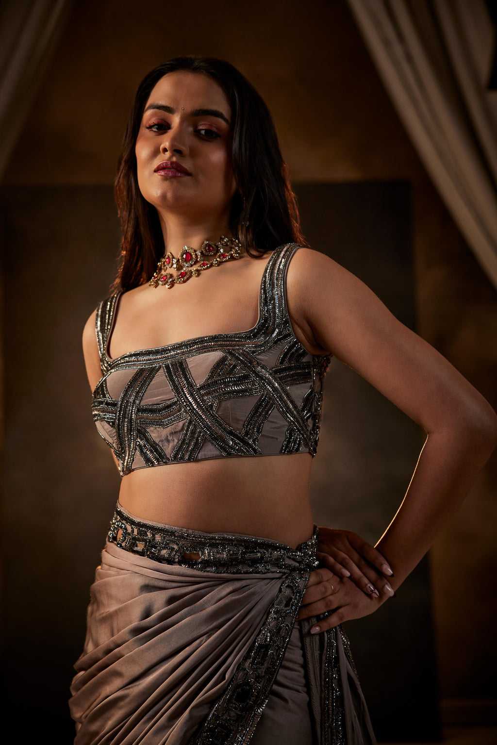 Grey & Pink Heavy Embroidered Saree