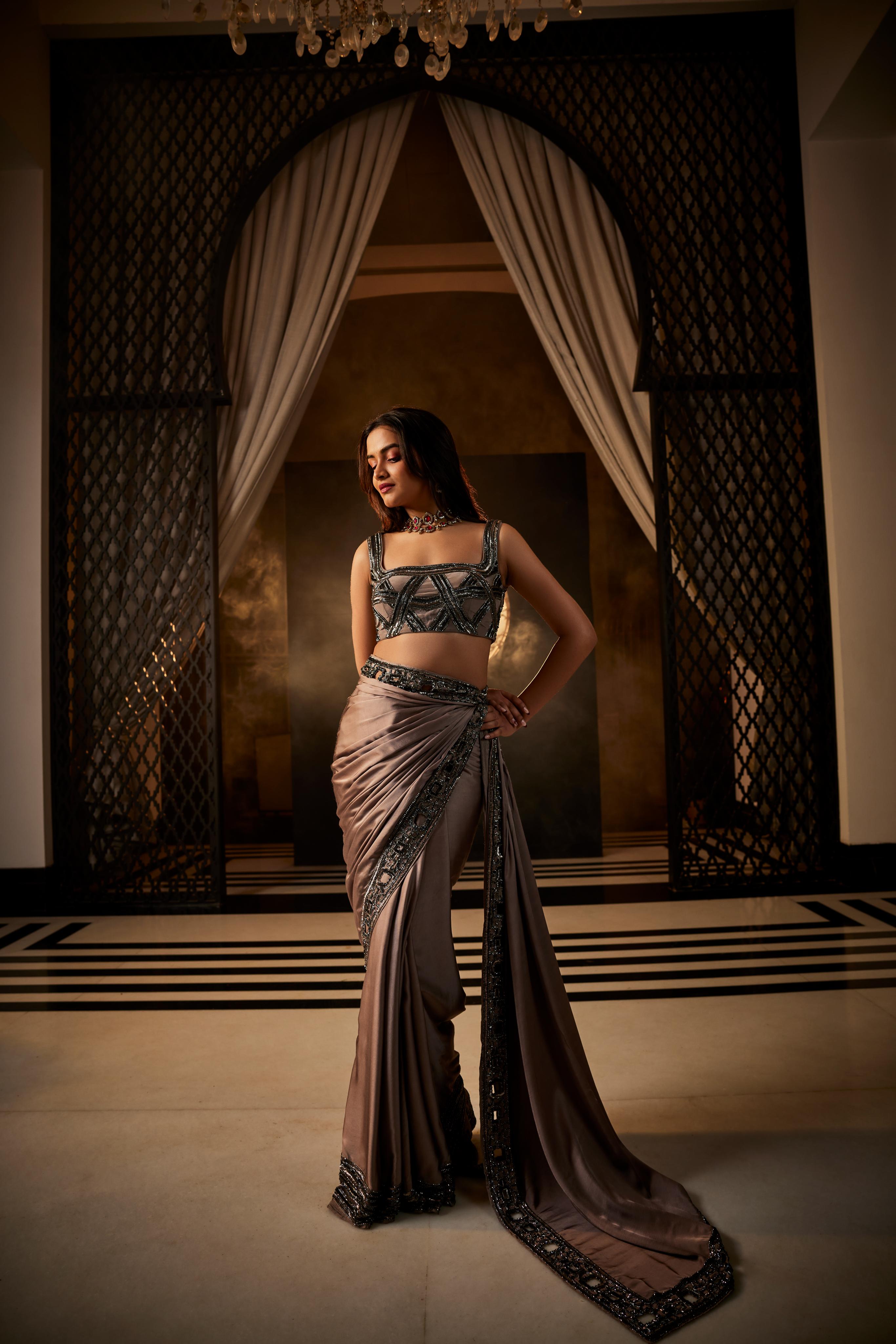 Grey & Pink Heavy Embroidered Saree