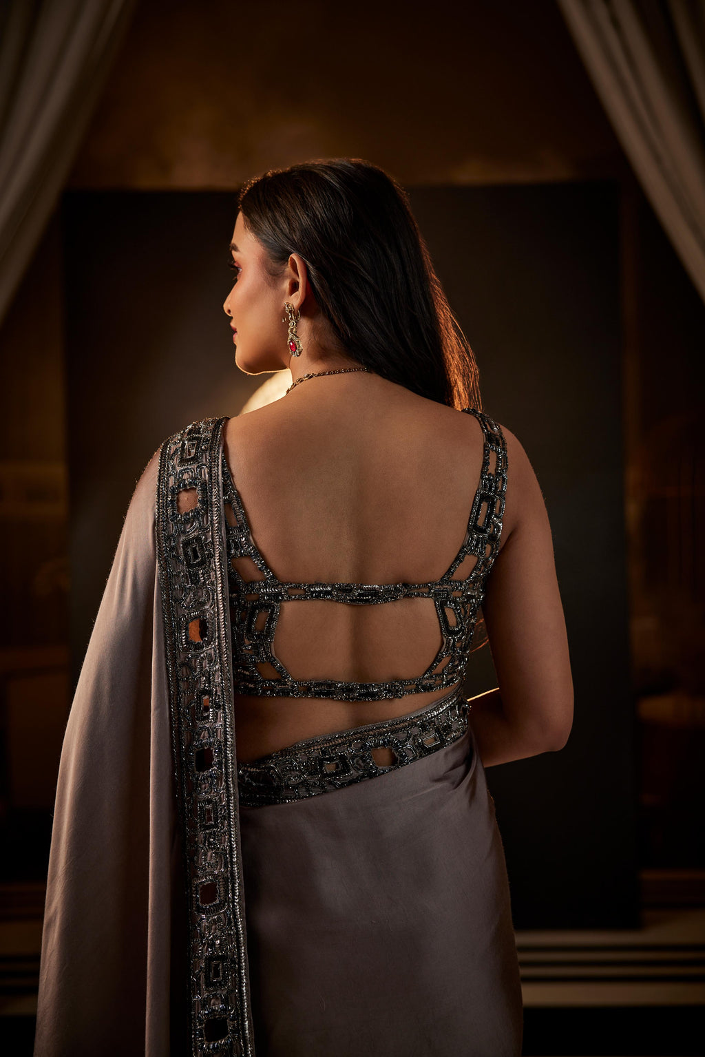 Grey & Pink Heavy Embroidered Saree