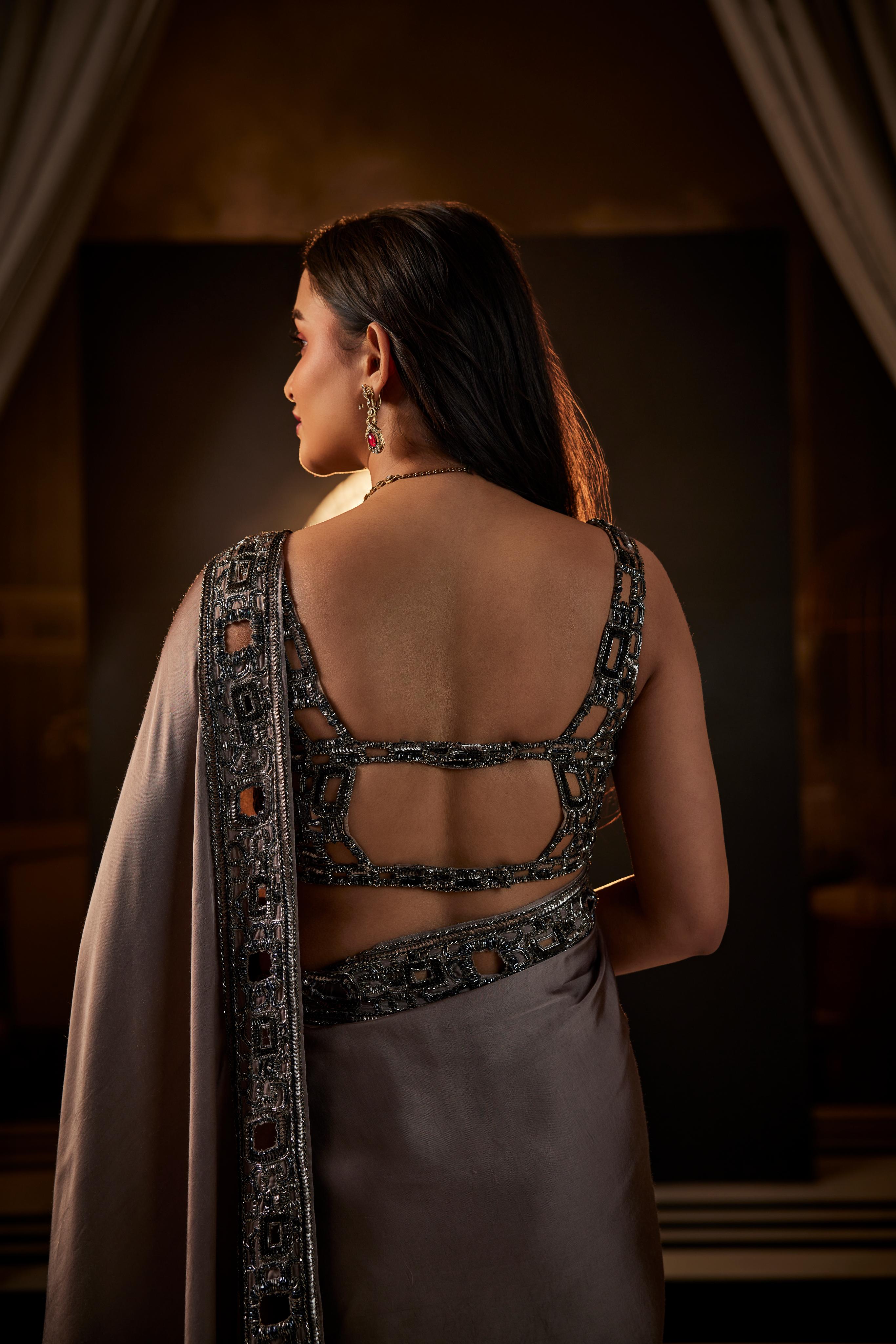 Grey & Pink Heavy Embroidered Saree