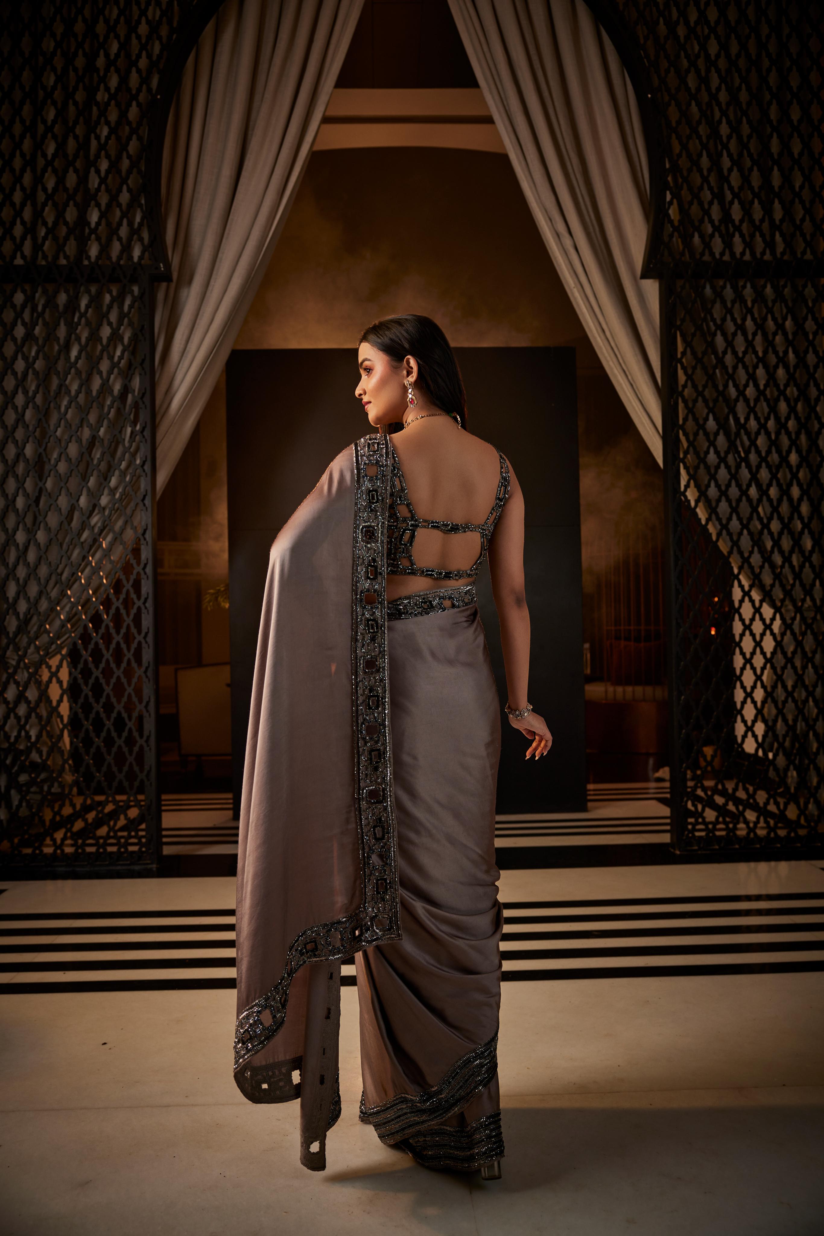 Grey & Pink Heavy Embroidered Saree