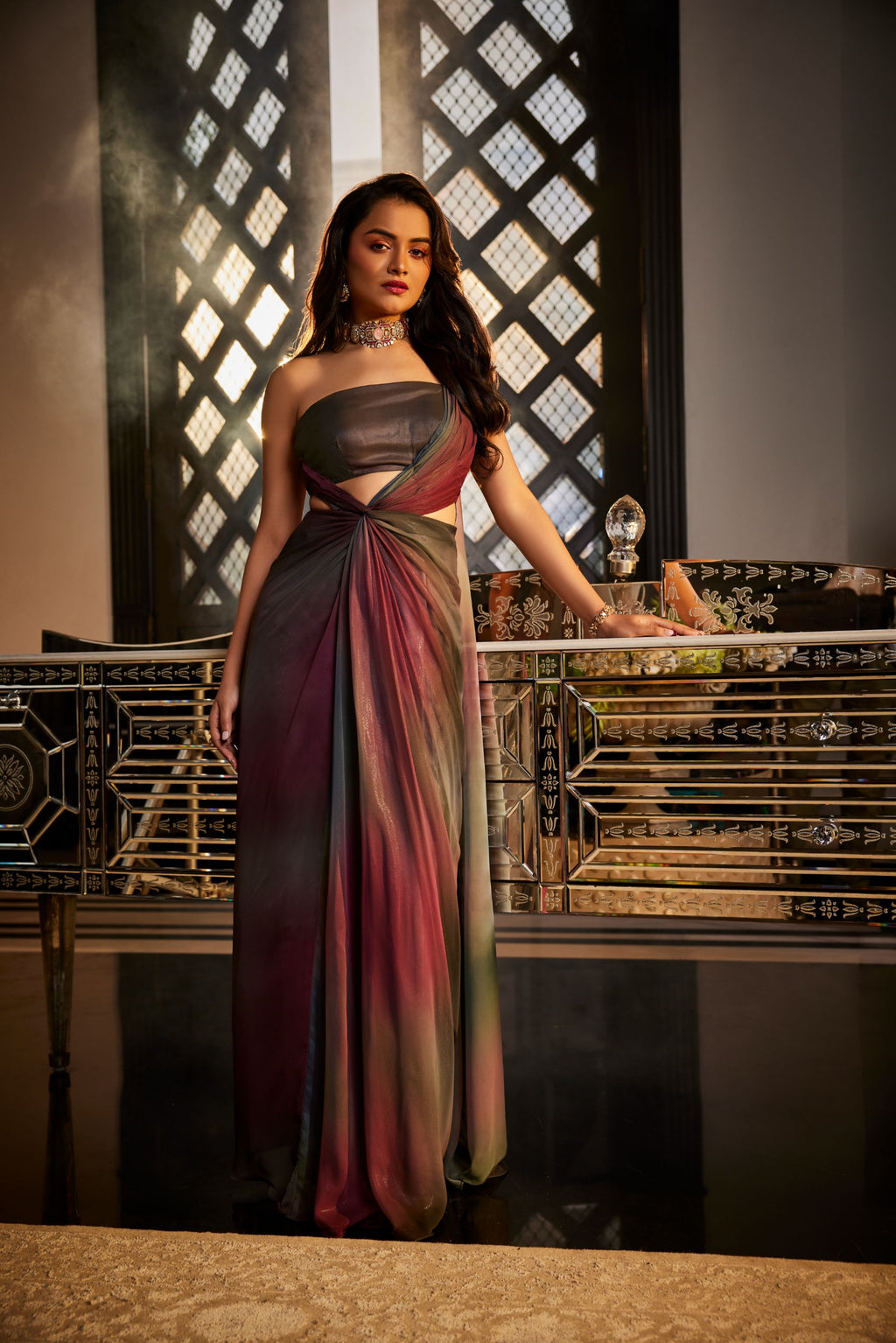 Multi Color Fluid Shimmer Georgette Gown