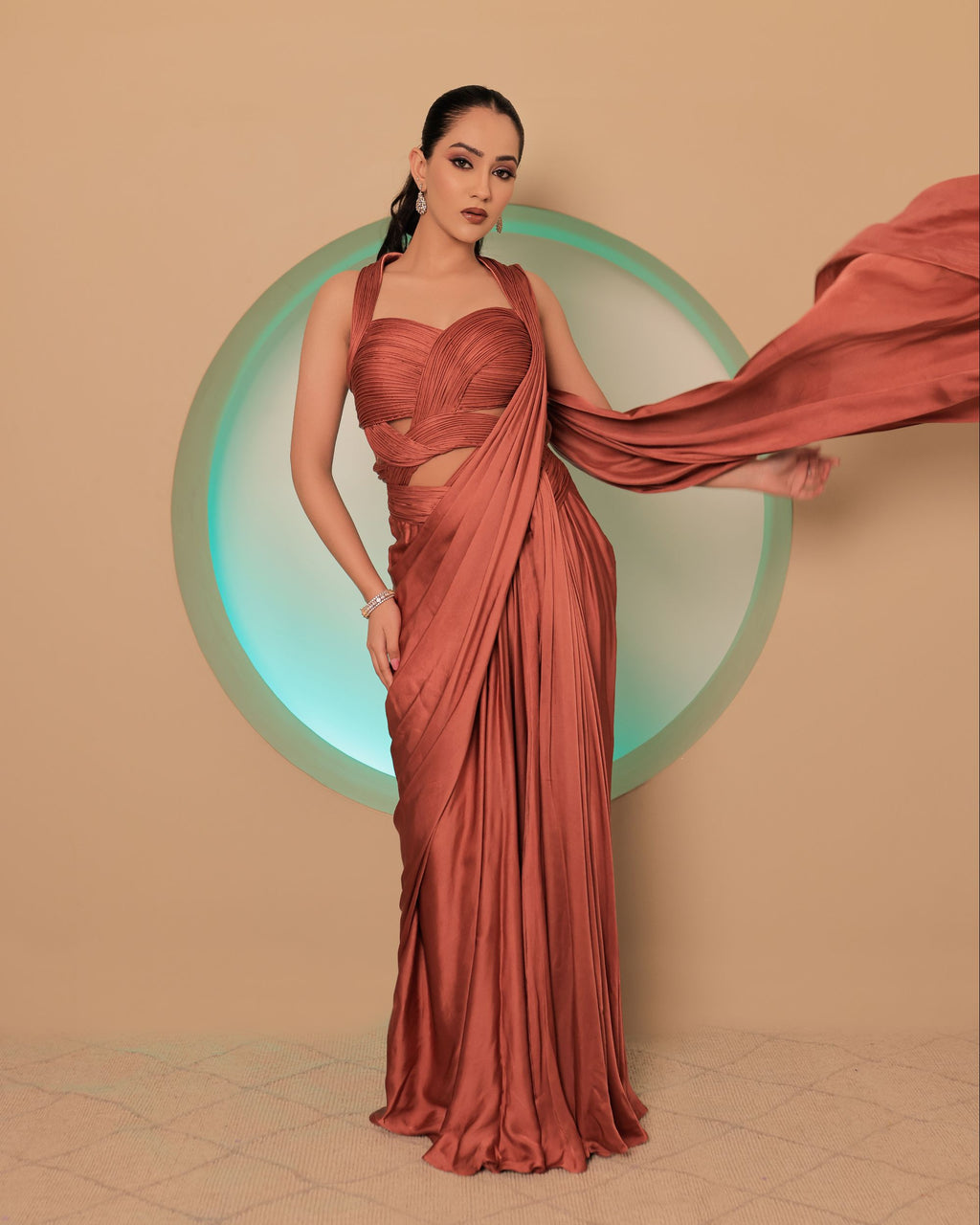 Coral Satin Saree Gown
