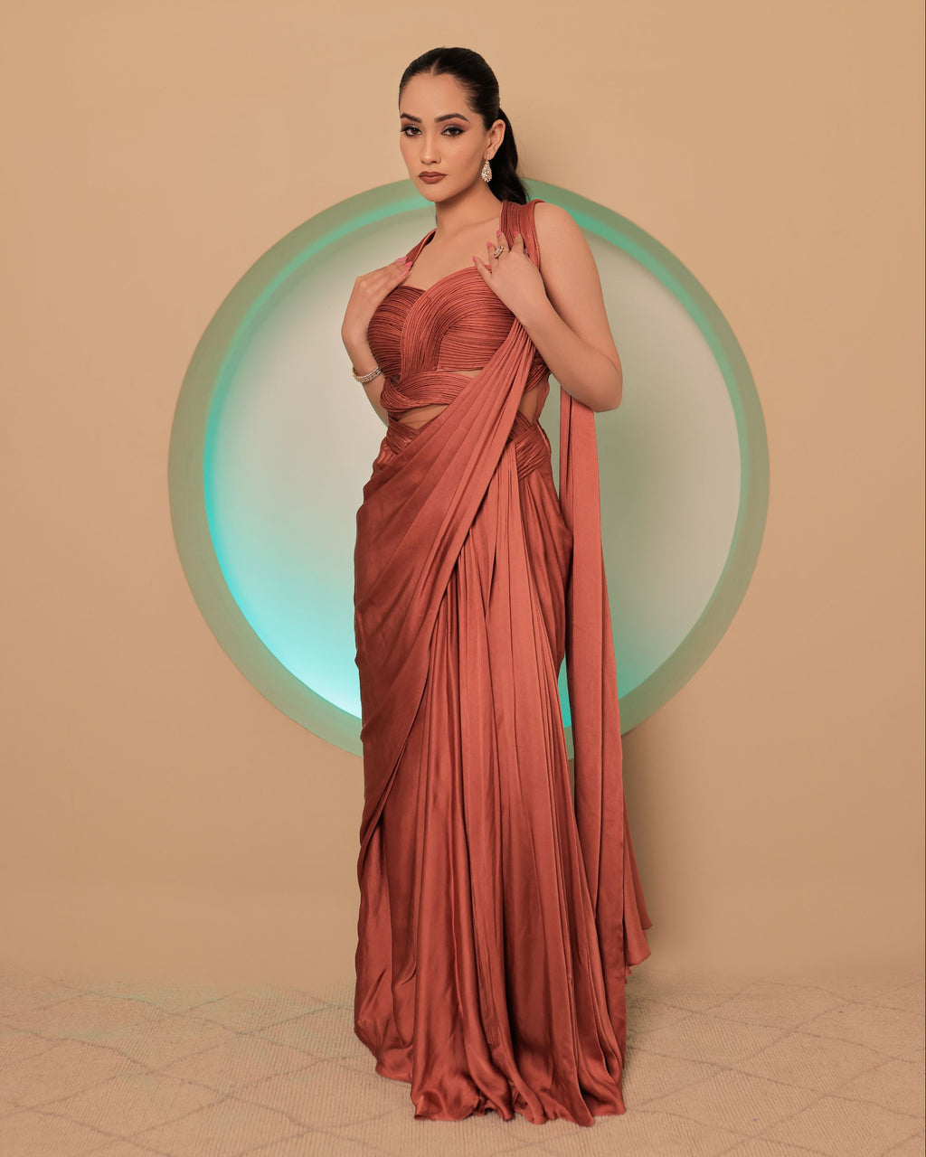 Coral Satin Saree Gown