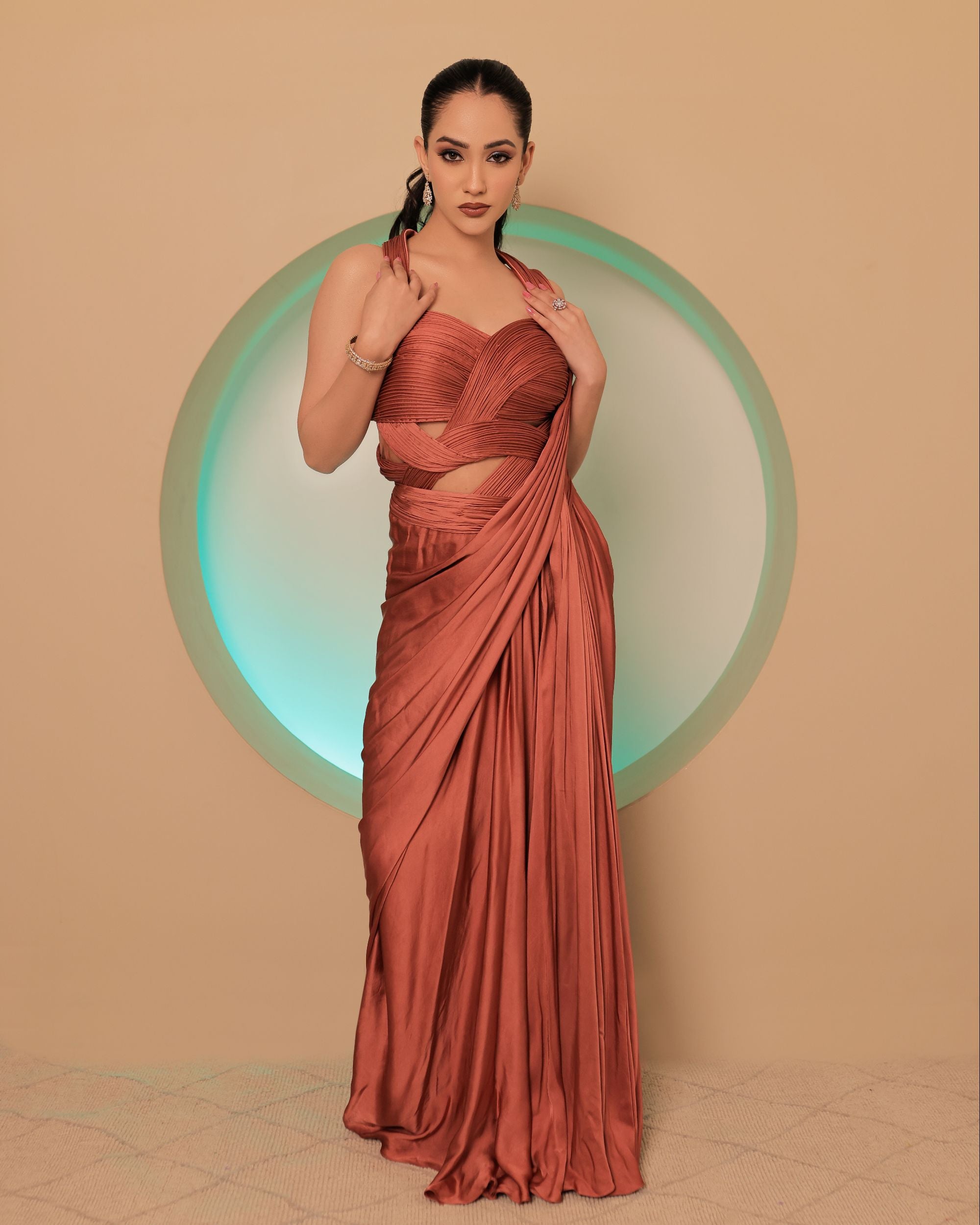 Coral Satin Saree Gown