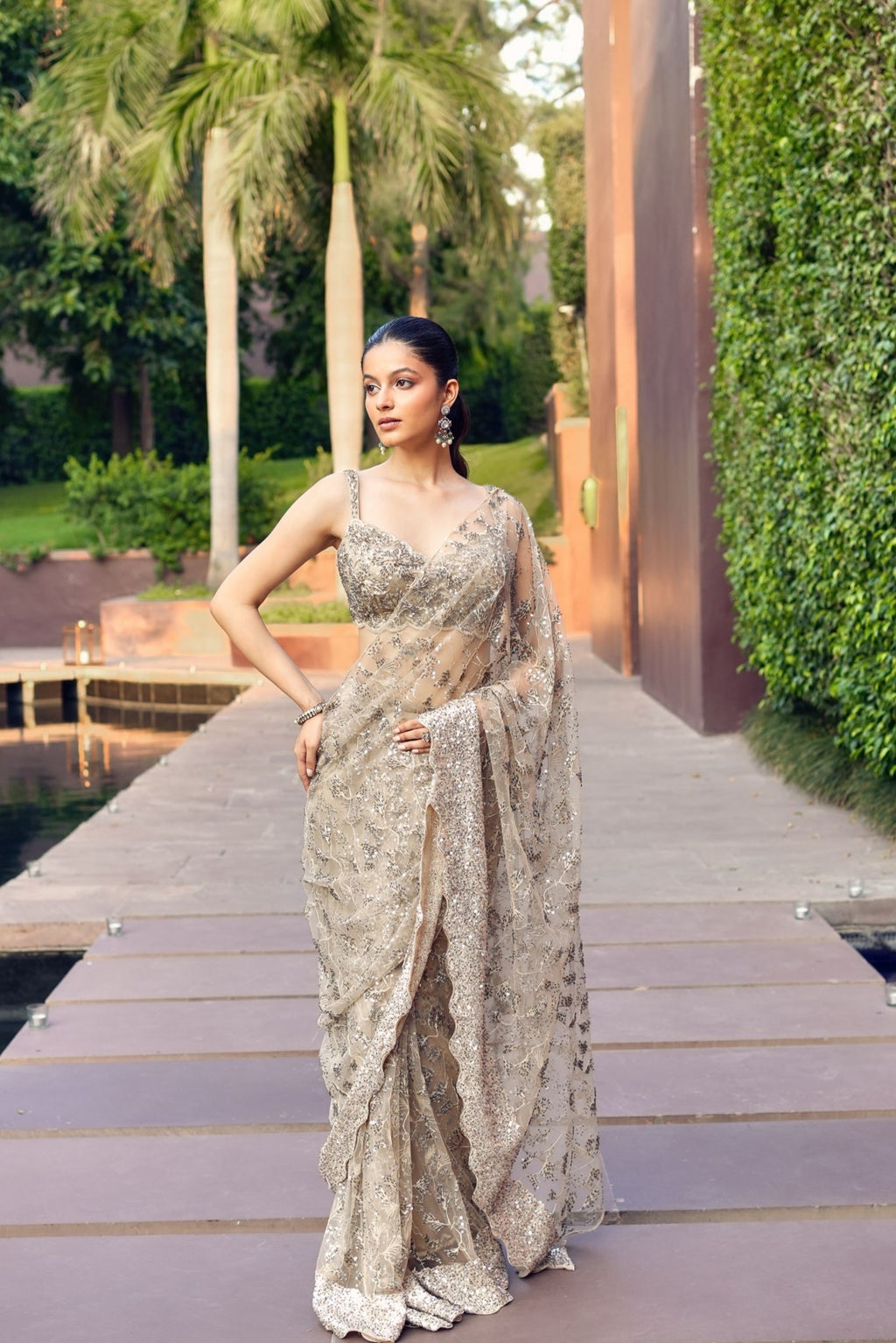 Golden Beige Pre Drape Saree