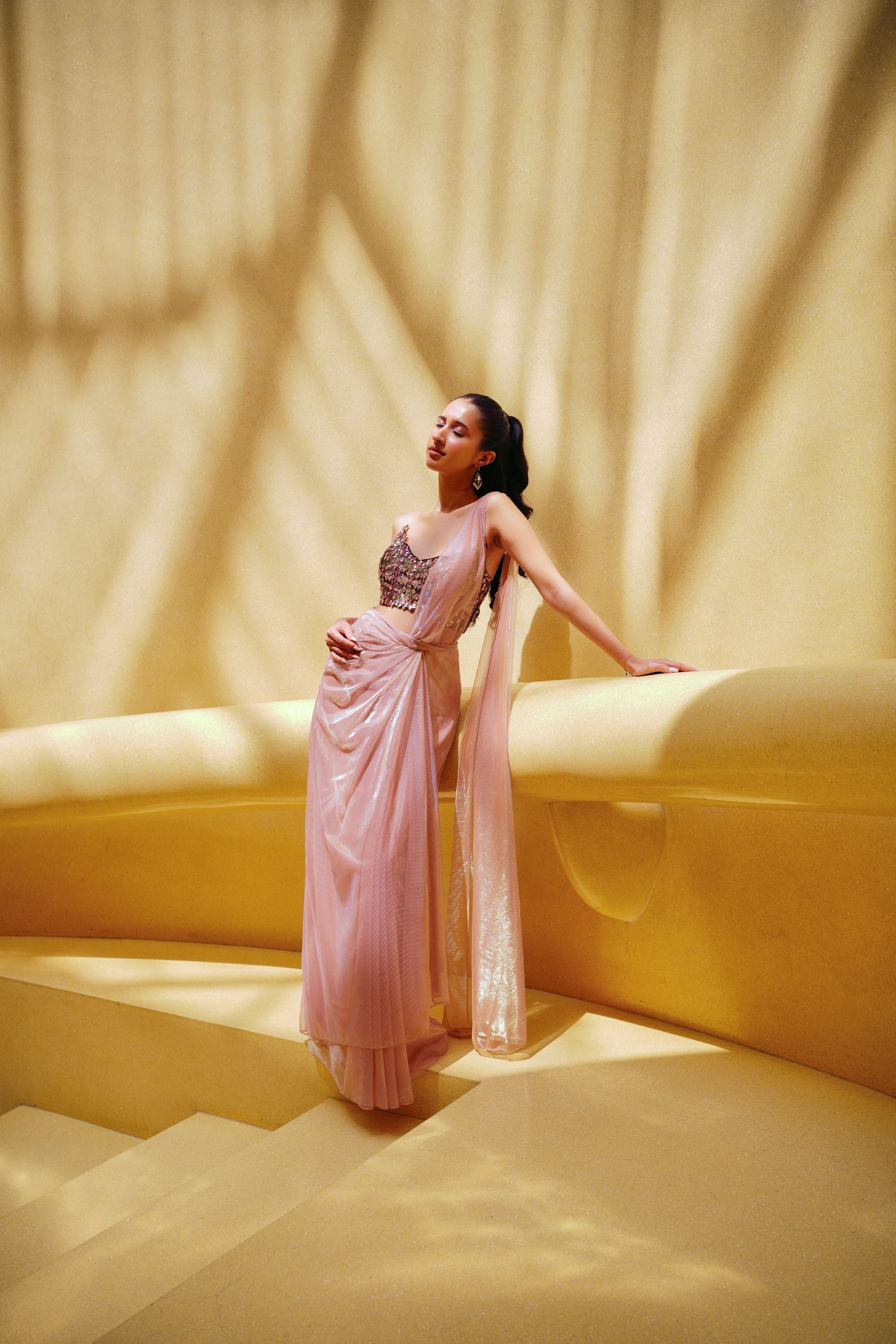 Pink Pre Drape Saree