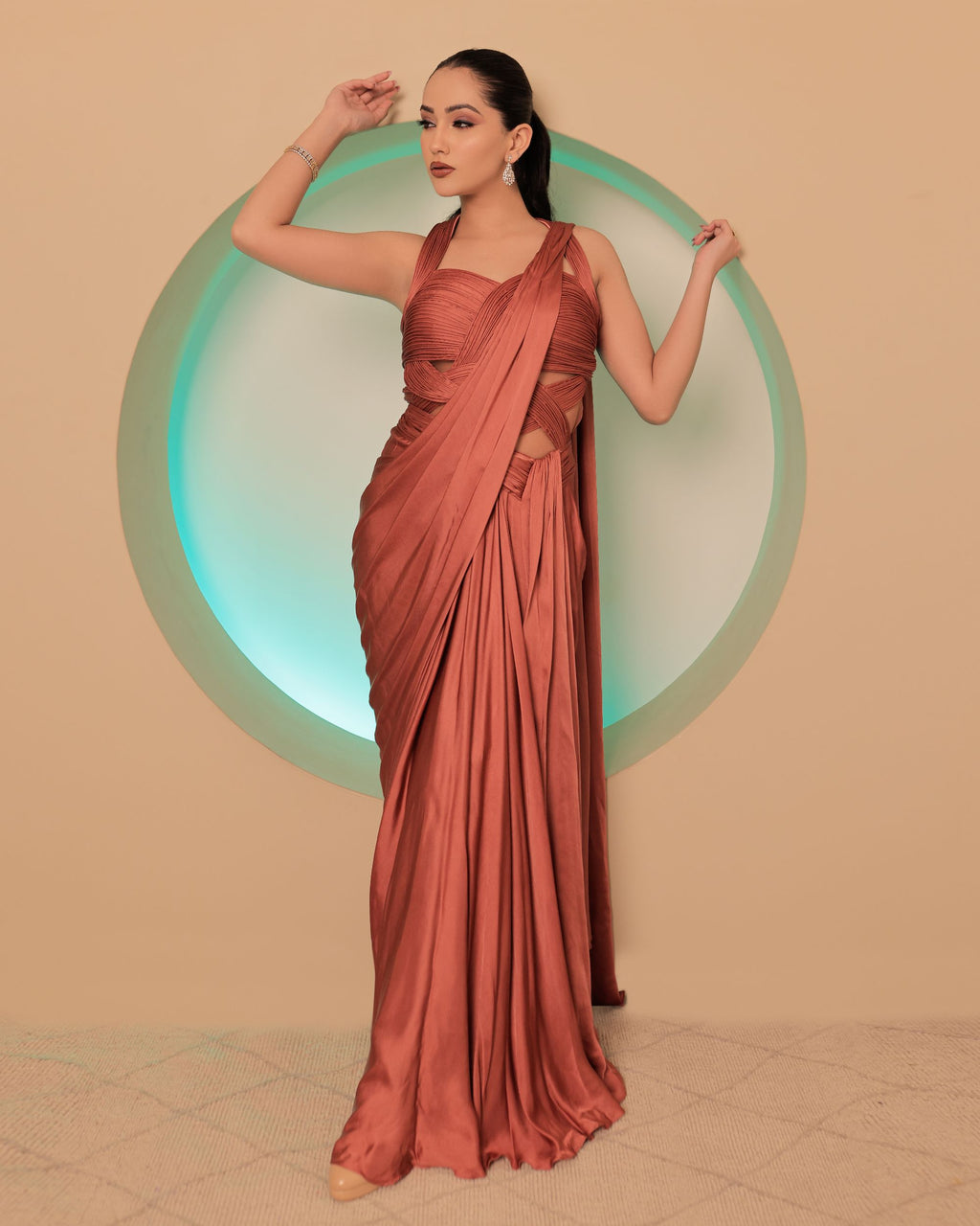 Coral Satin Saree Gown
