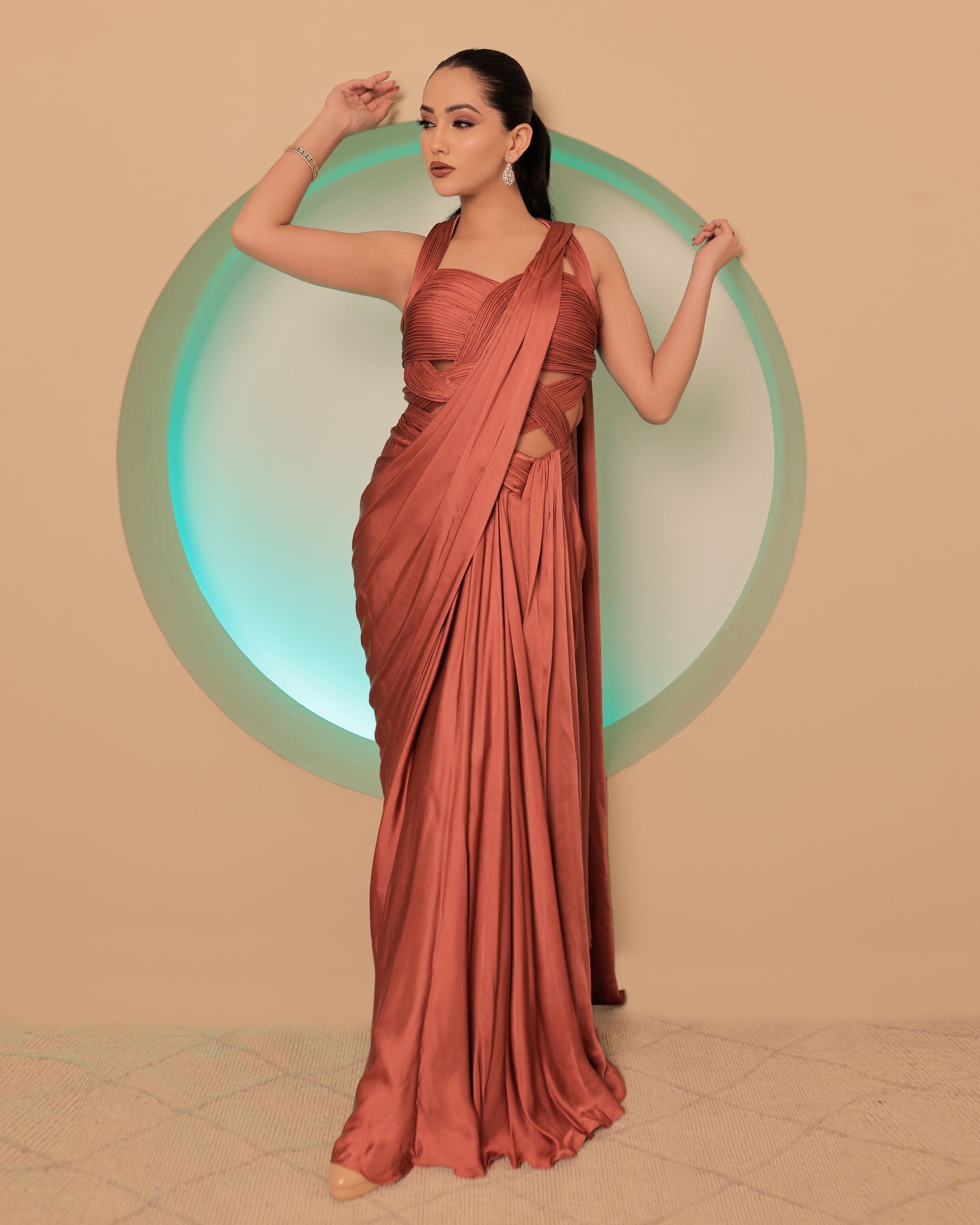 Coral Satin Saree Gown