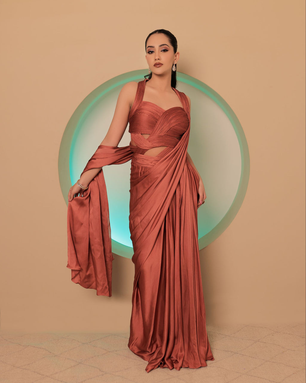 Coral Satin Saree Gown