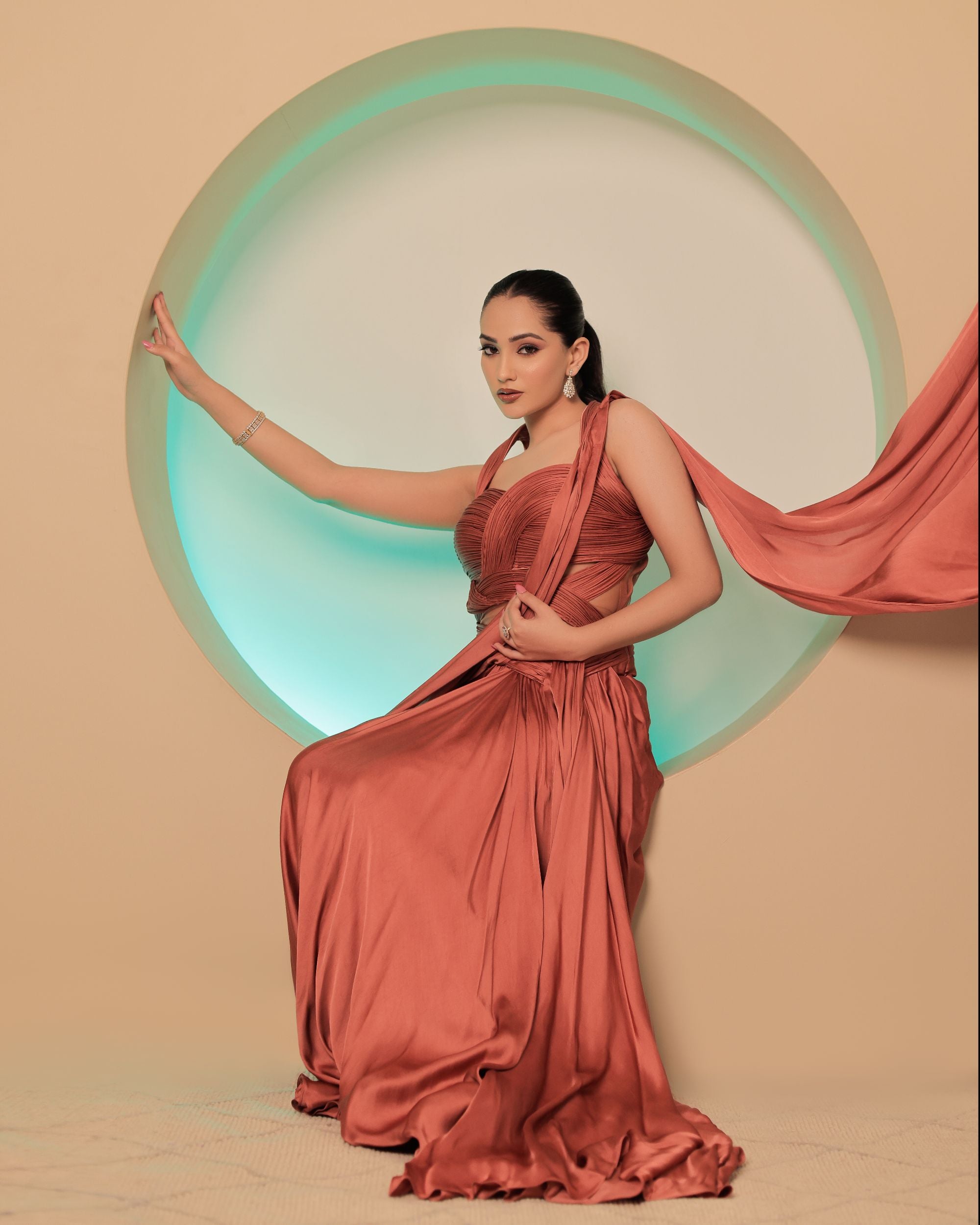 Coral Satin Saree Gown