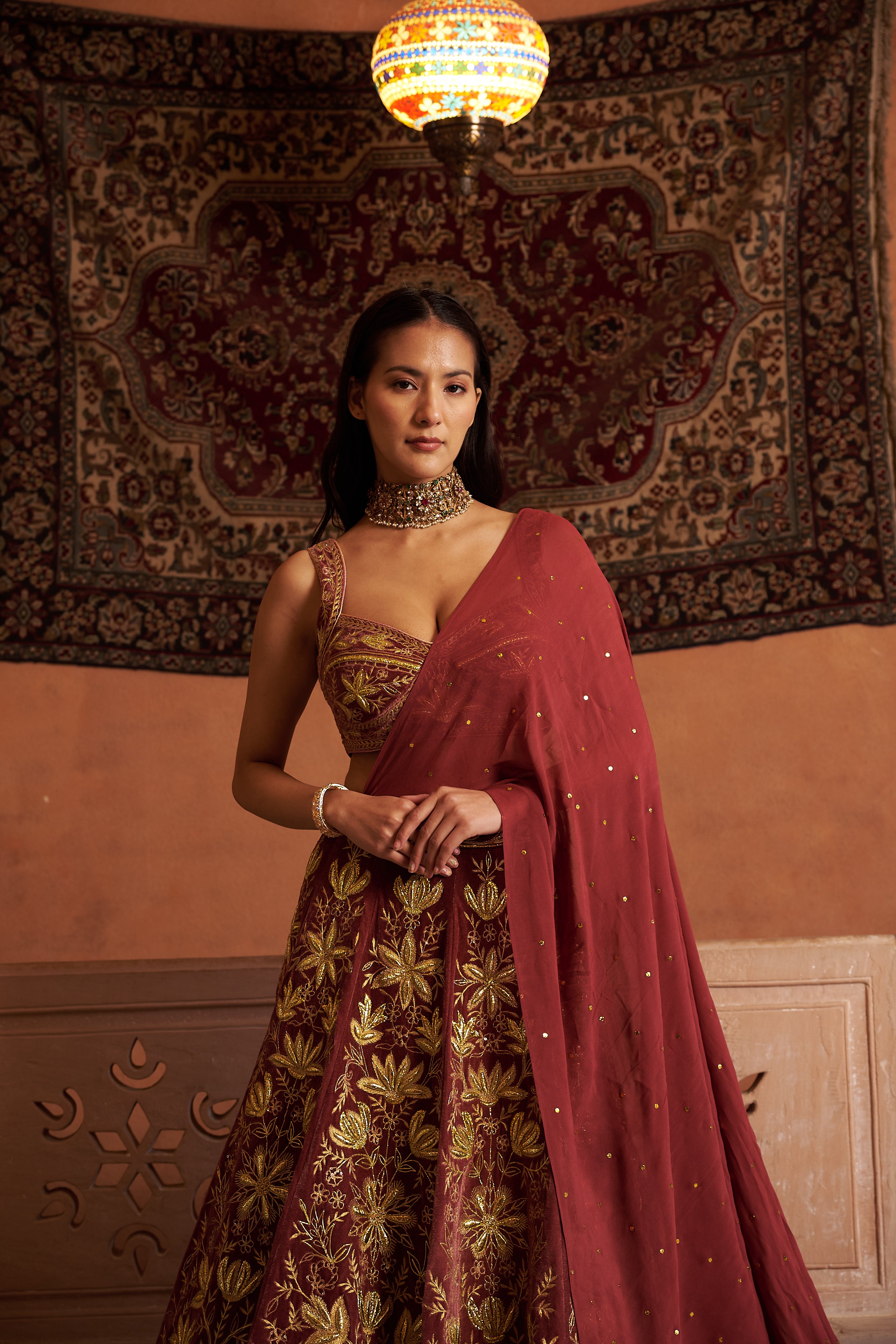Velvet Embroidered Lehenga Set