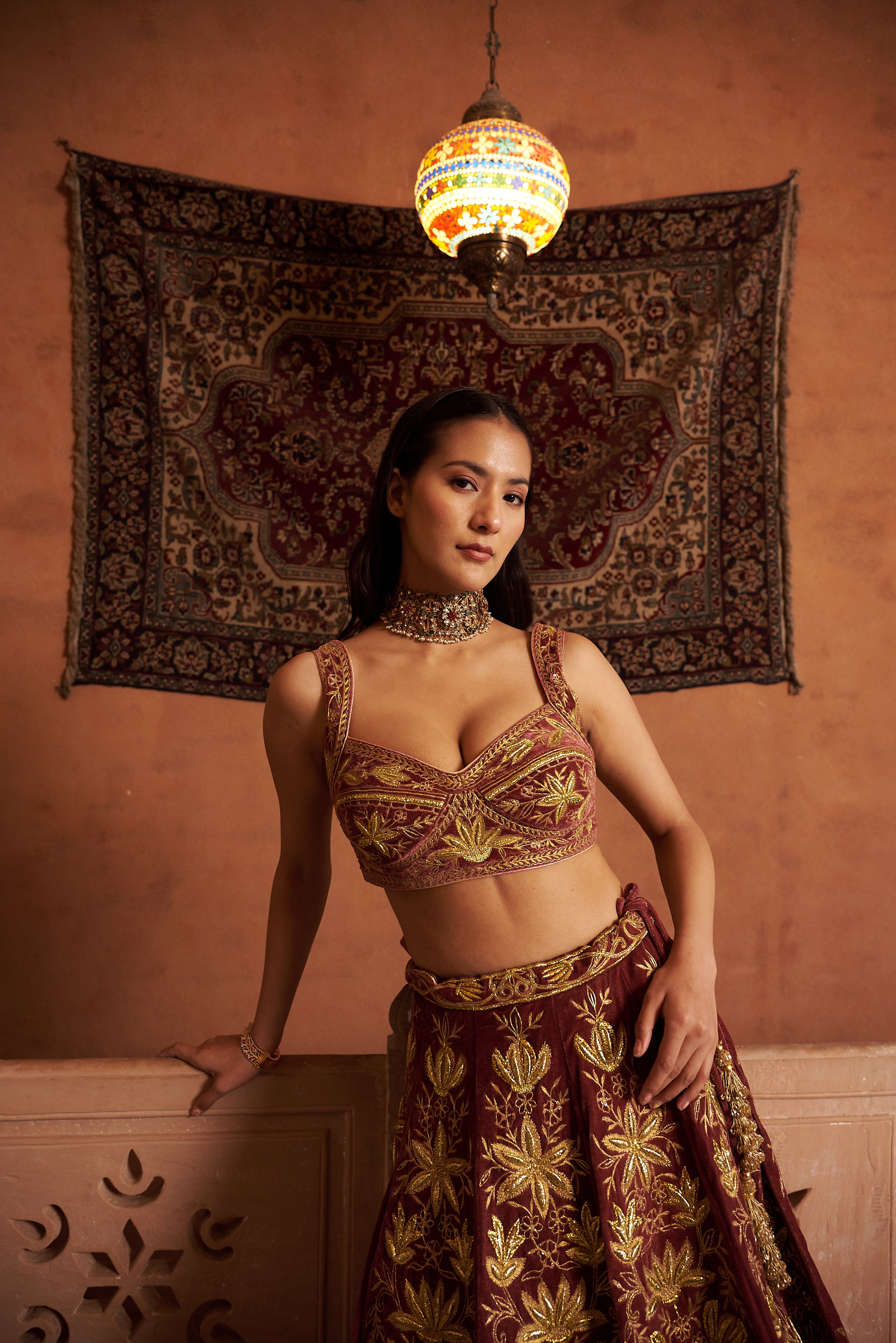 Velvet Embroidered Lehenga Set