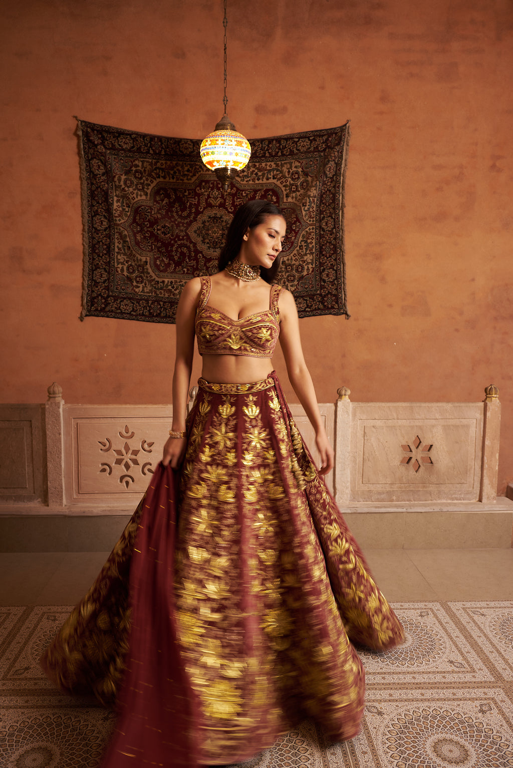 Velvet Embroidered Lehenga Set