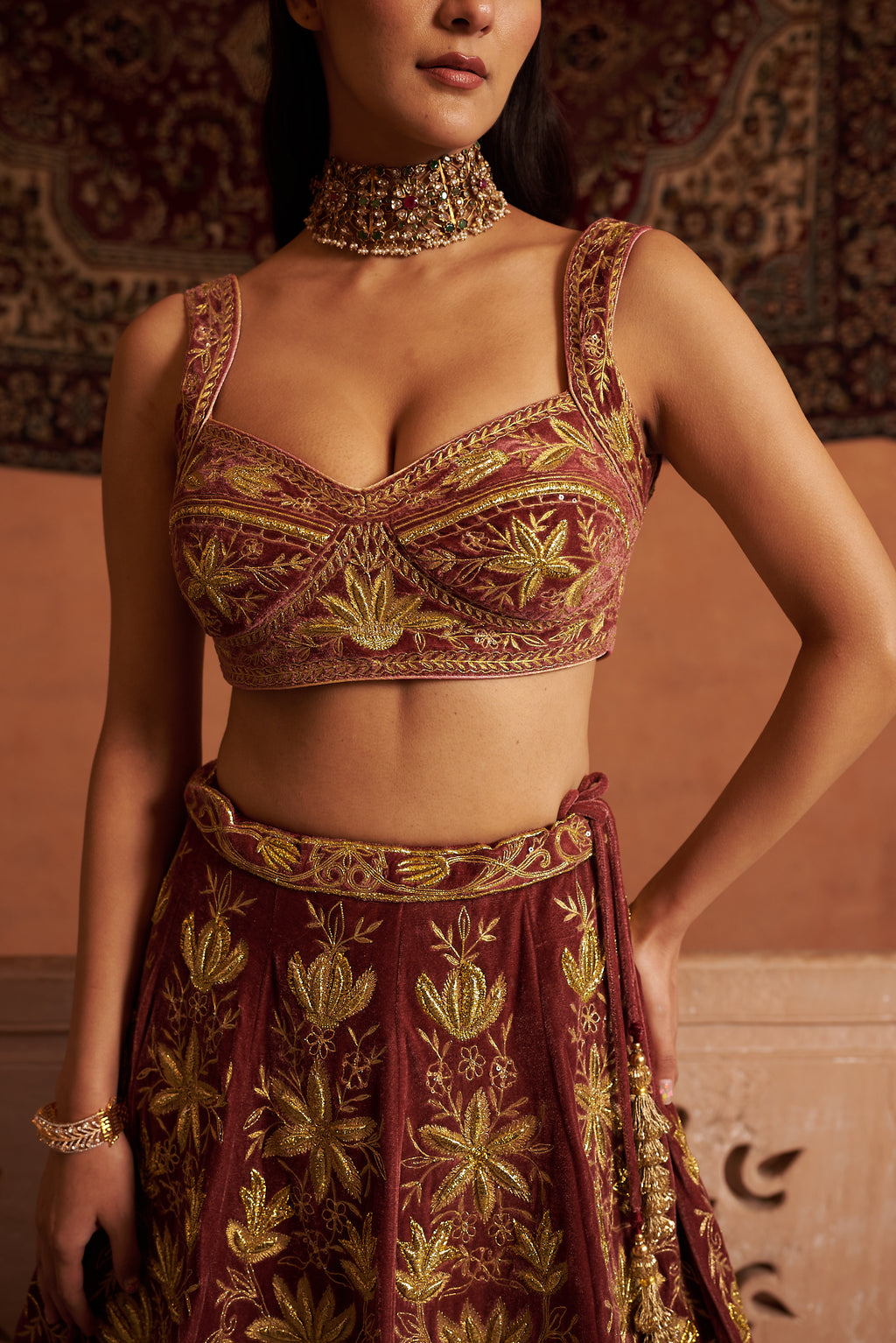 Velvet Embroidered Lehenga Set