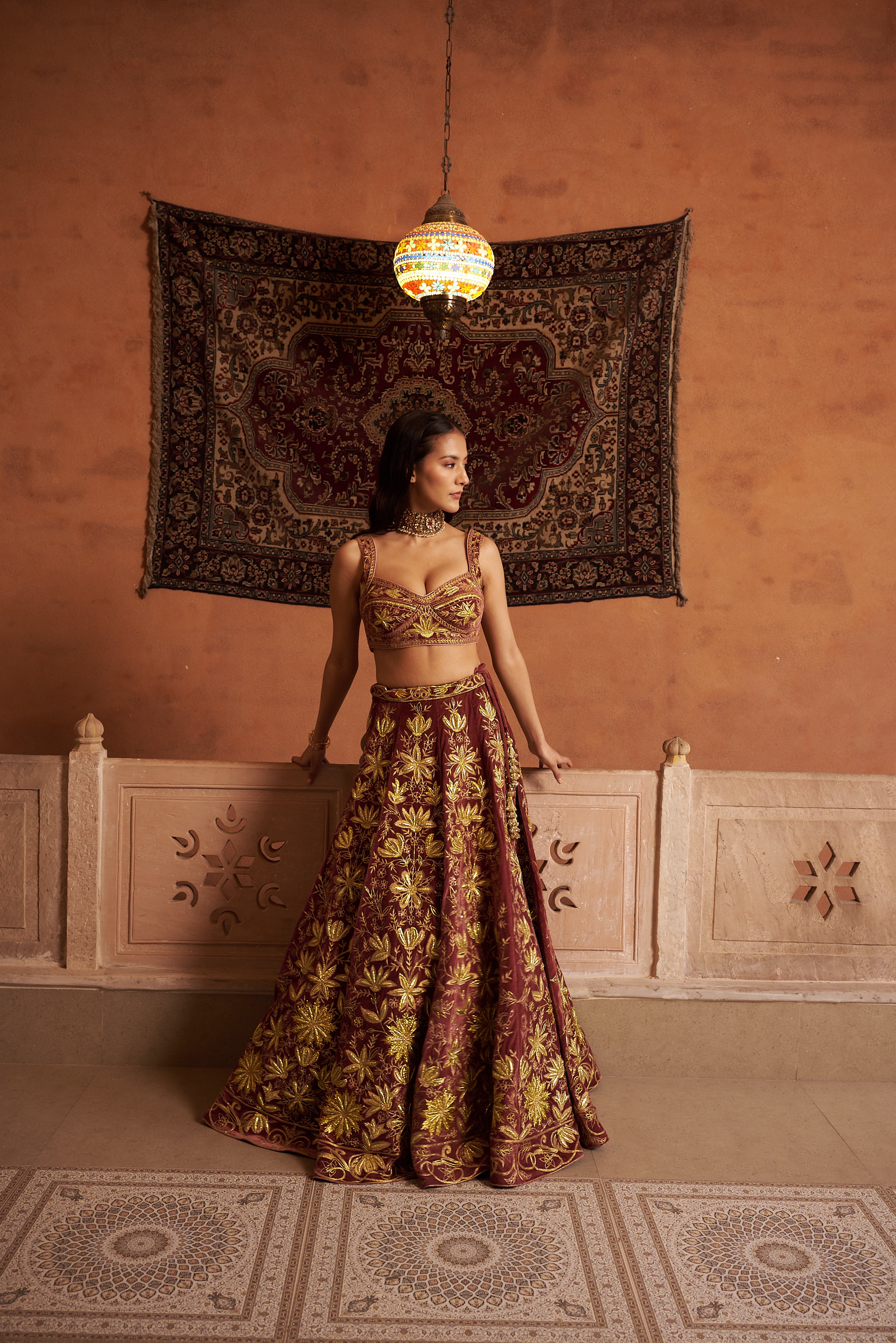 Velvet Embroidered Lehenga Set