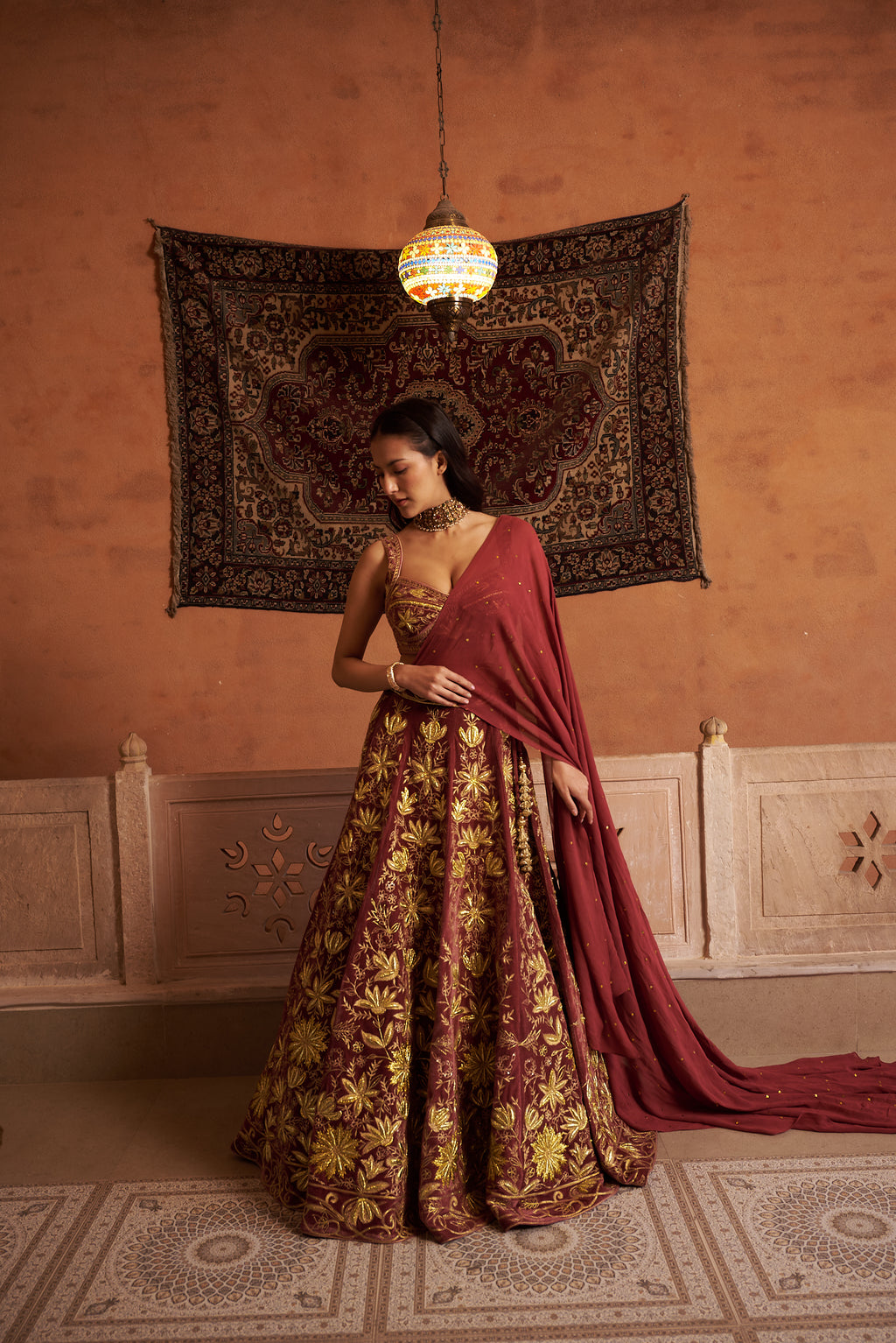 Velvet Embroidered Lehenga Set