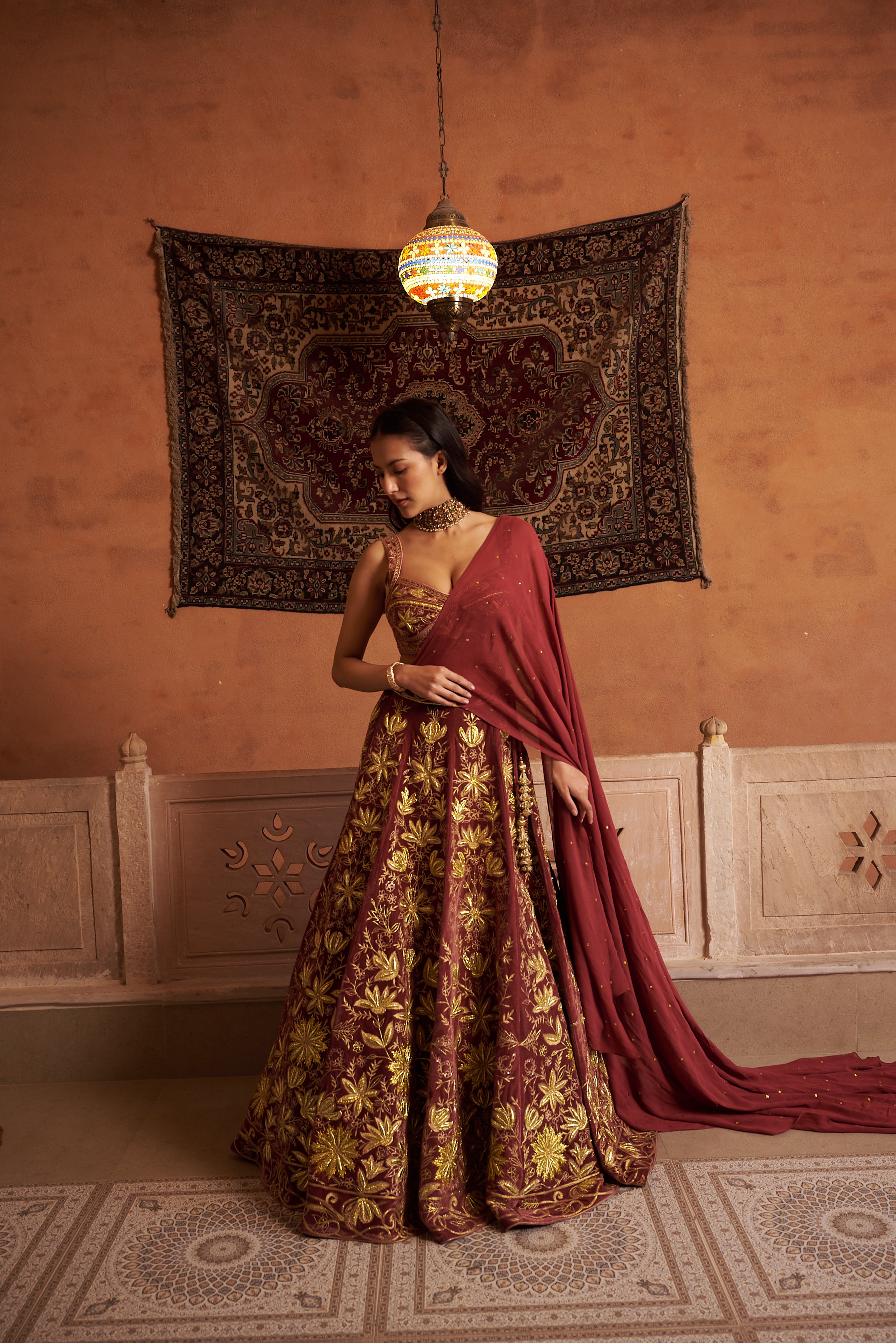 Velvet Embroidered Lehenga Set
