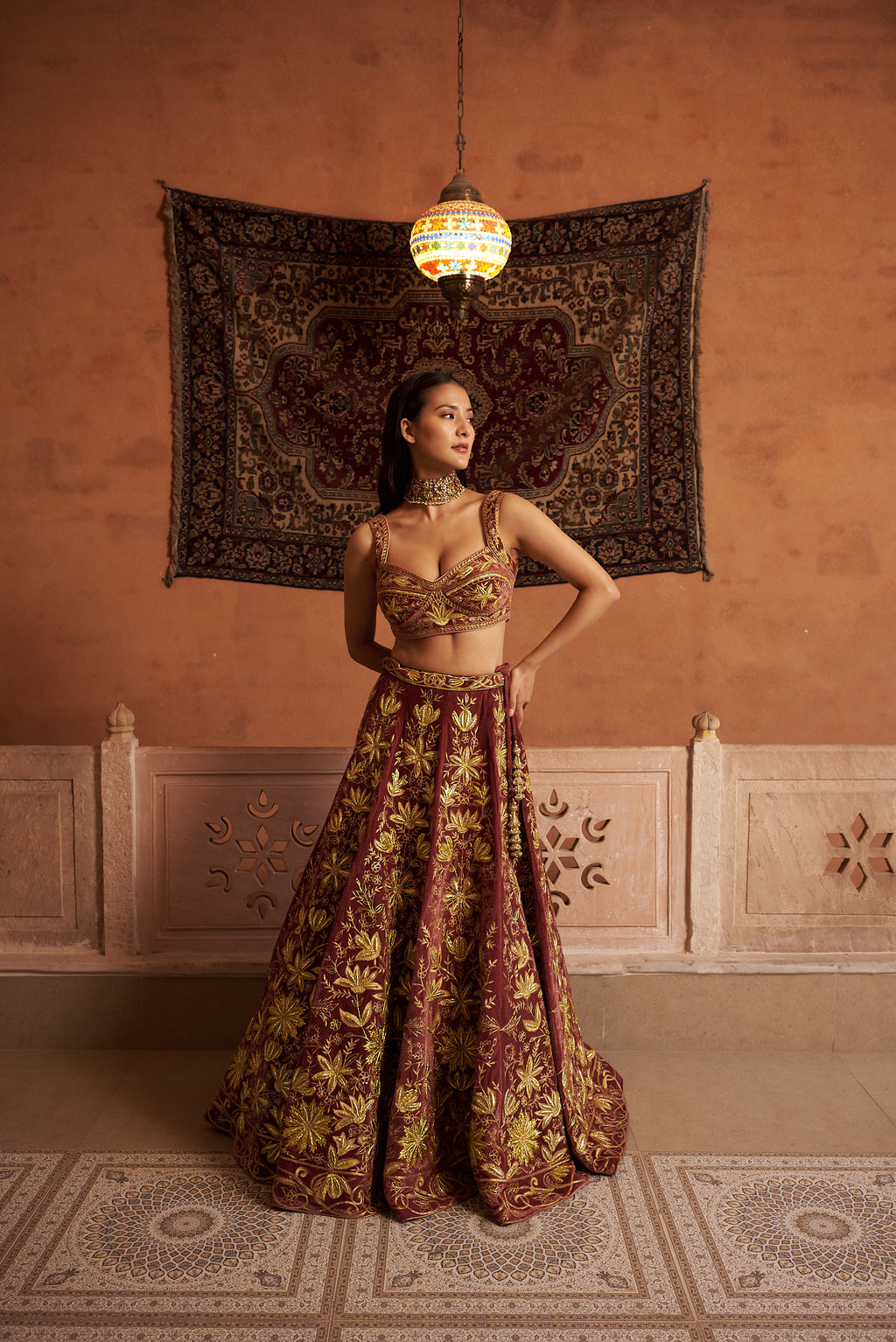 Velvet Embroidered Lehenga Set