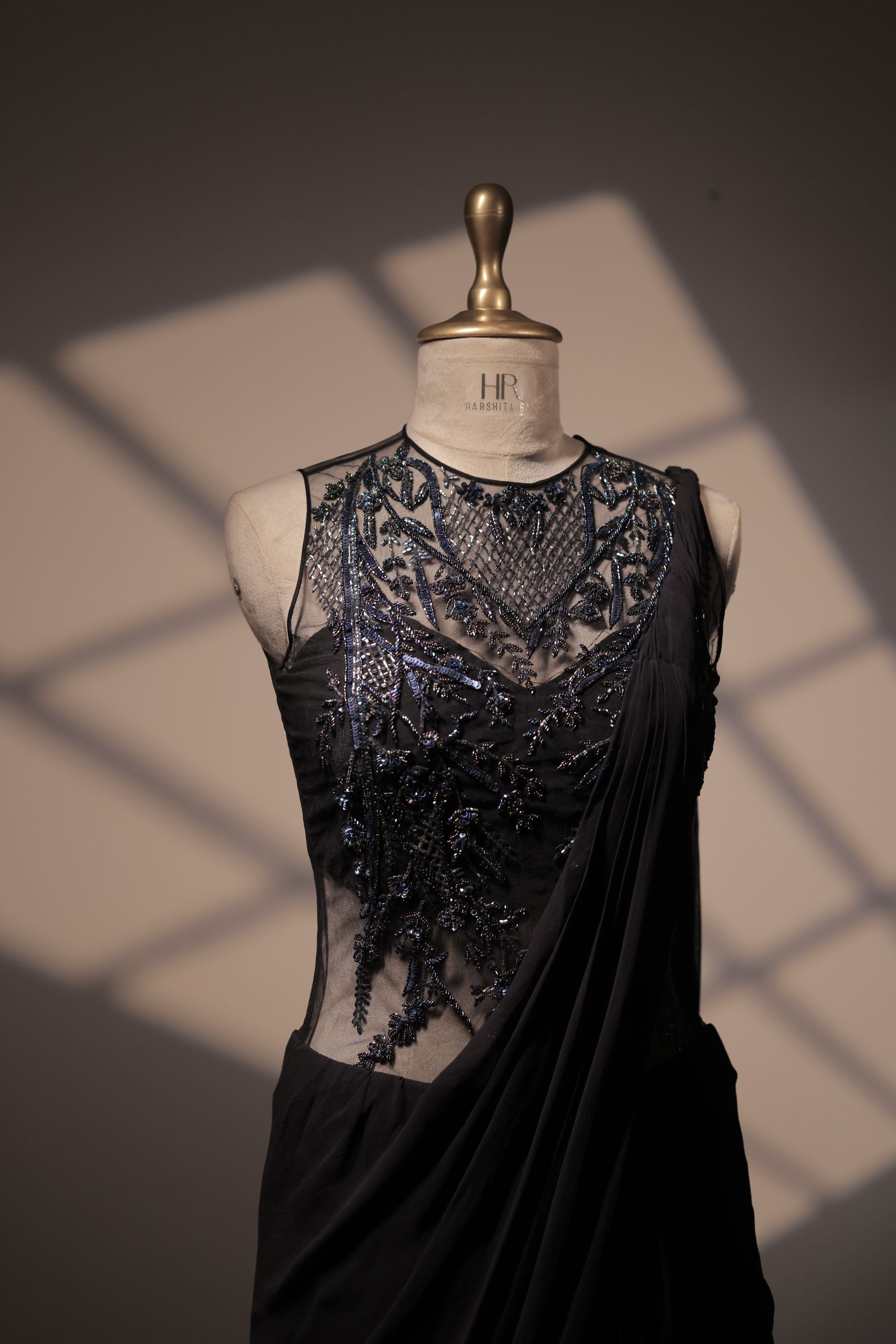 Black Embroidered Saree Gown