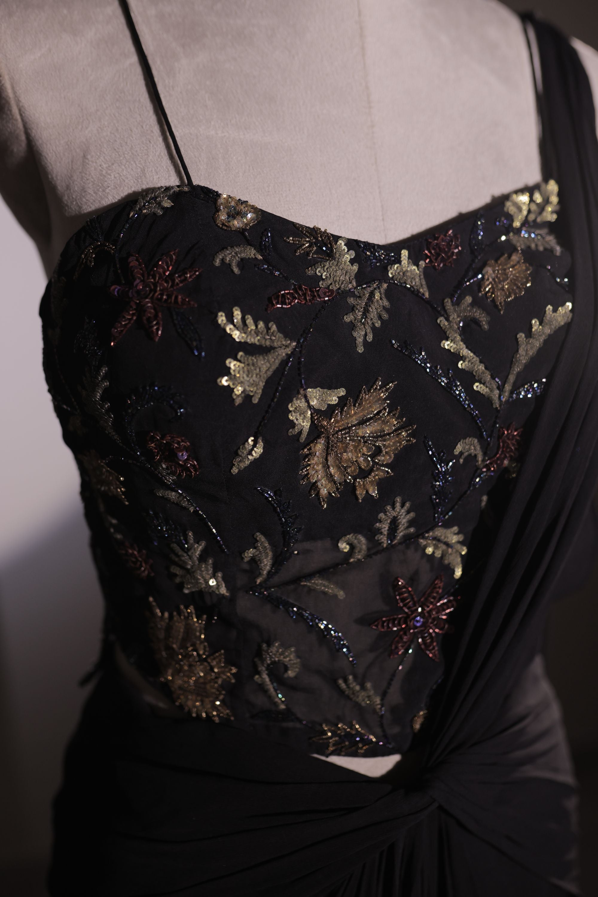 Pure black organza and georgette drape saree