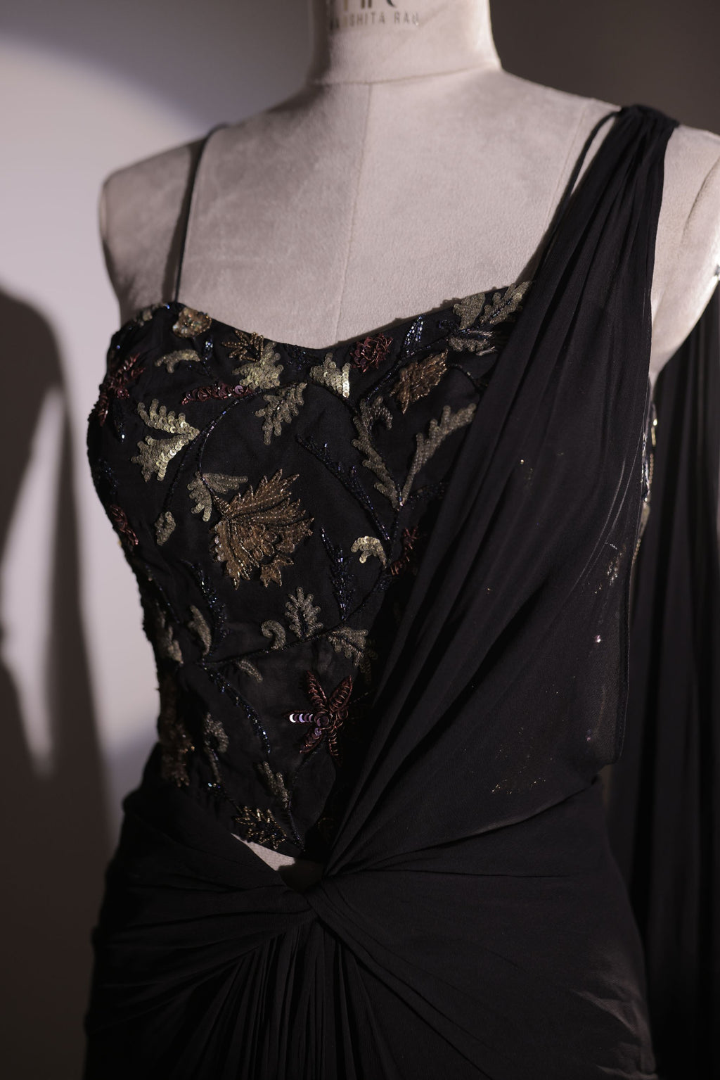 Pure black organza and georgette drape saree